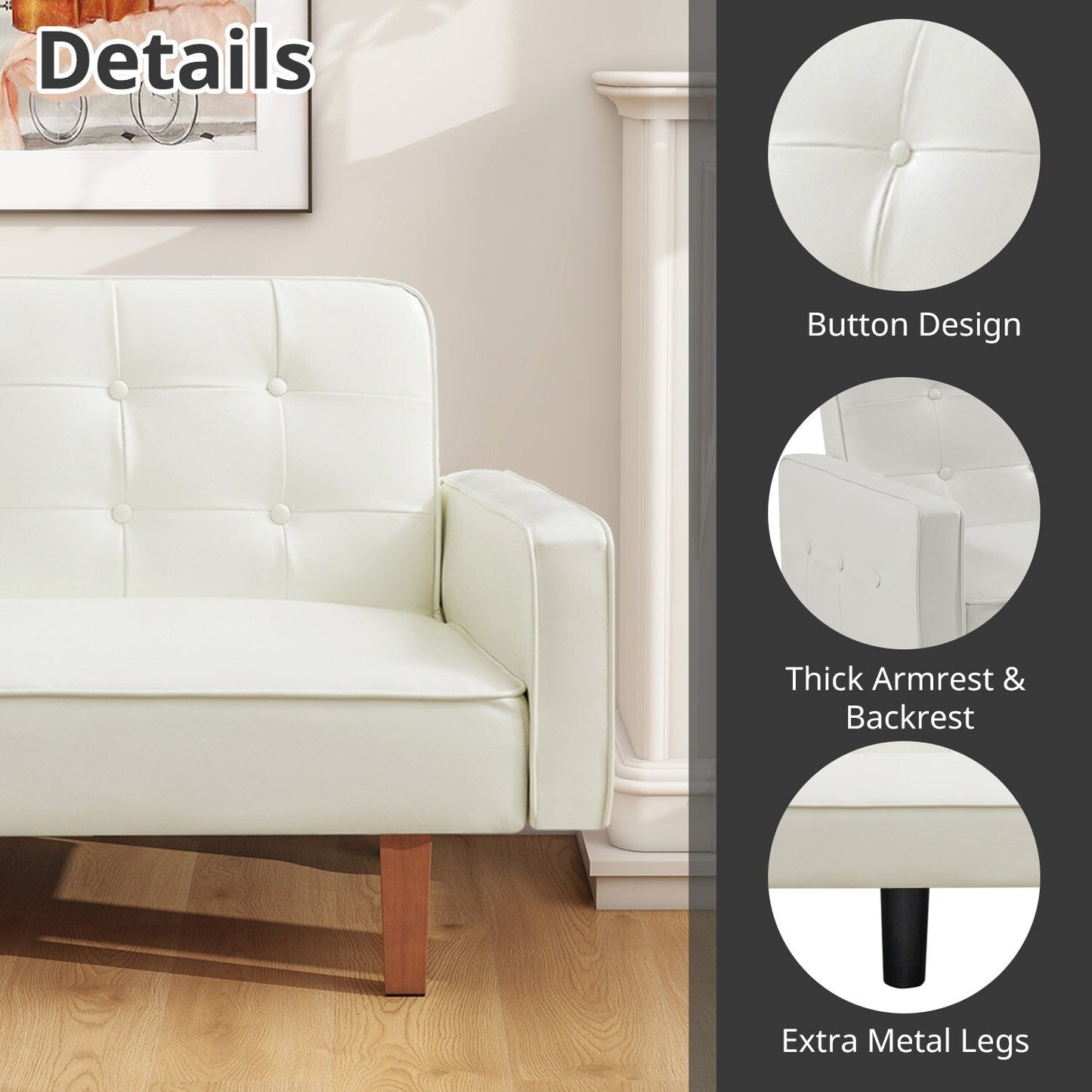 Mid-Century 74” in PU Leather Futon Sofa Bed, Button Tufted Sofa 3-Seat for Living Room Bedroom