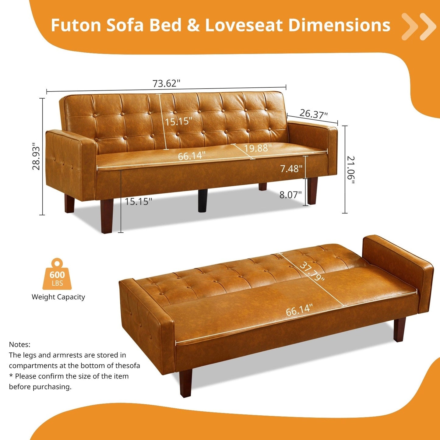 Mid-Century 74” in PU Leather Futon Sofa Bed, Button Tufted Sofa 3-Seat for Living Room Bedroom