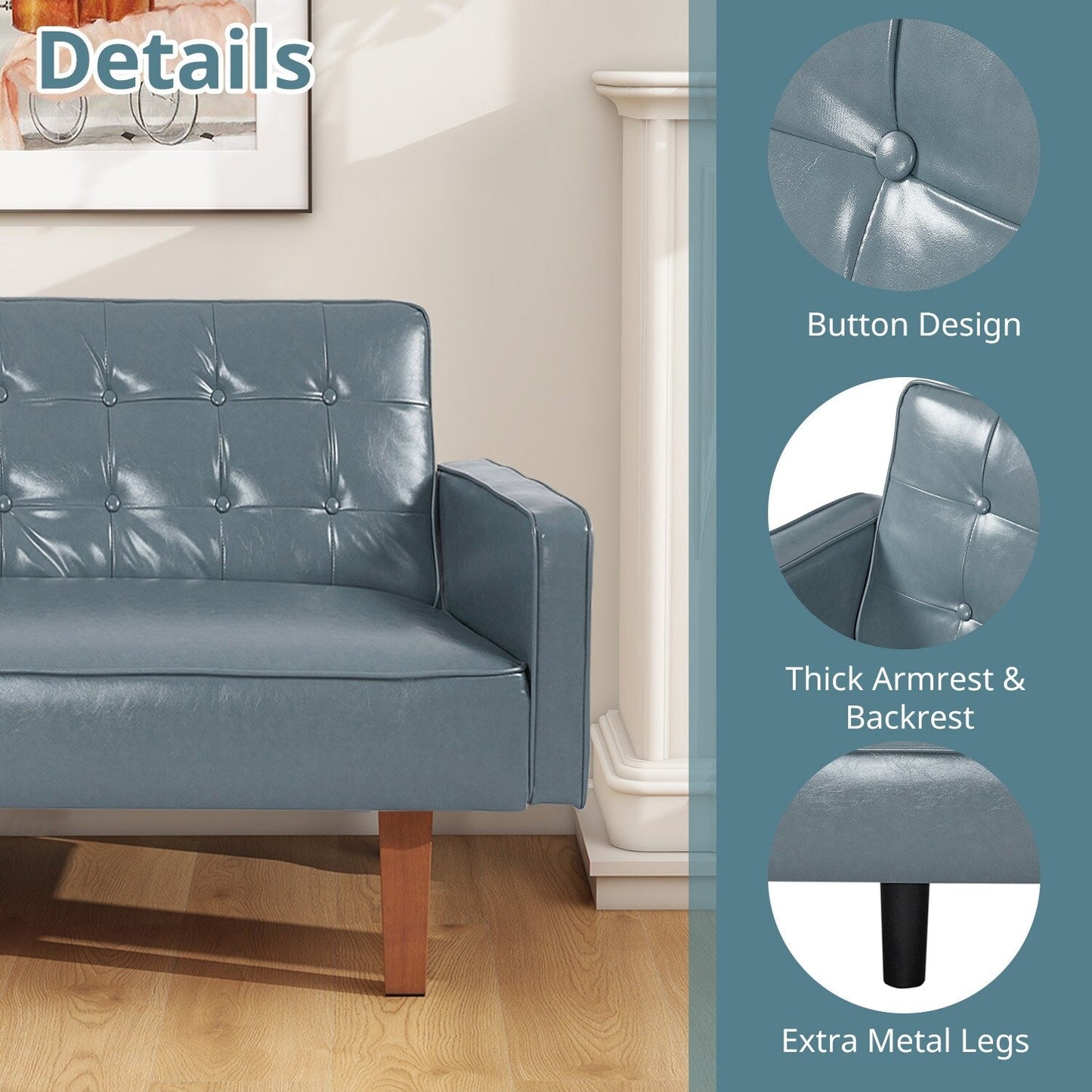 Mid-Century 74” in PU Leather Futon Sofa Bed, Button Tufted Sofa 3-Seat for Living Room Bedroom