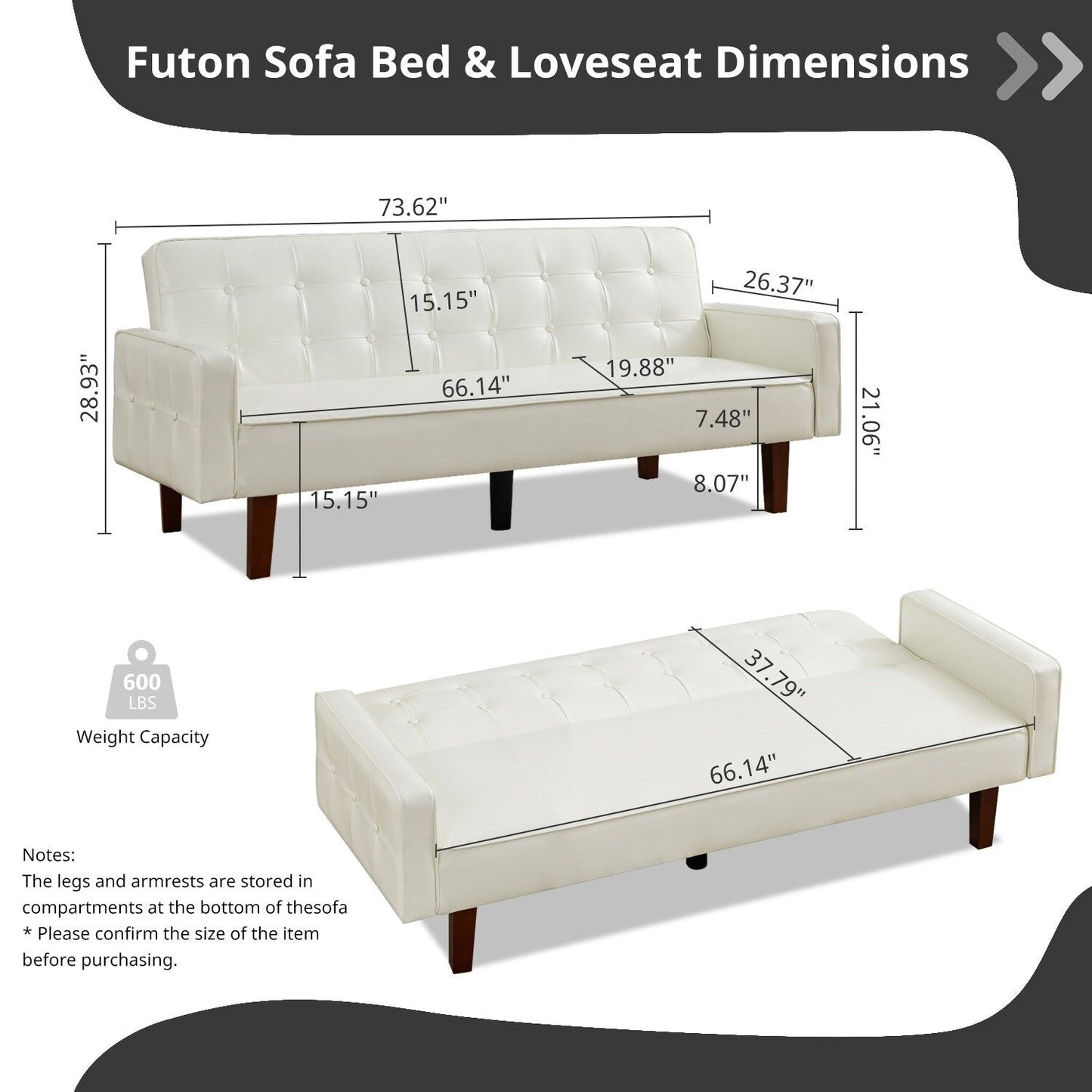 Mid-Century 74” in PU Leather Futon Sofa Bed, Button Tufted Sofa 3-Seat for Living Room Bedroom