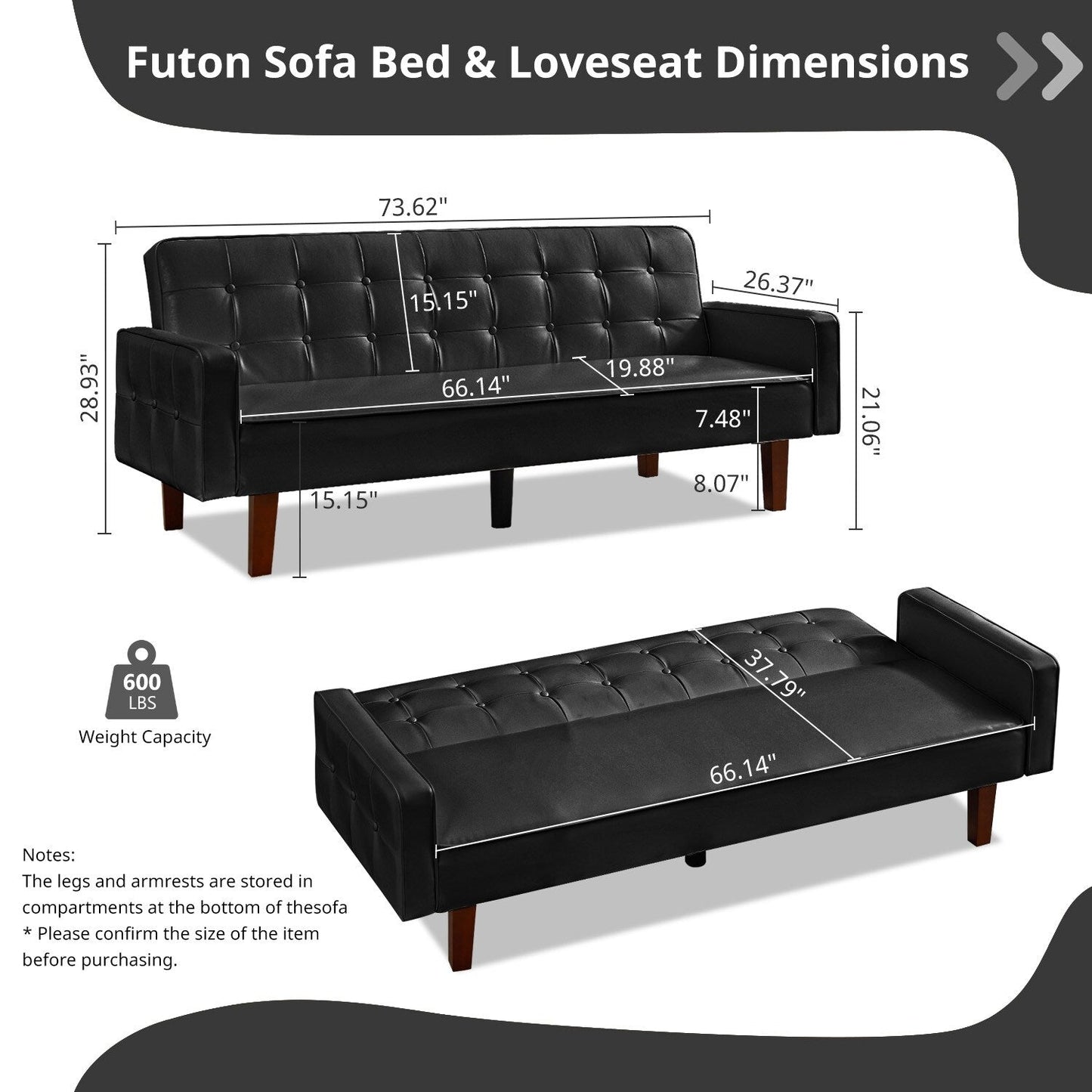 Mid-Century 74” in PU Leather Futon Sofa Bed, Button Tufted Sofa 3-Seat for Living Room Bedroom