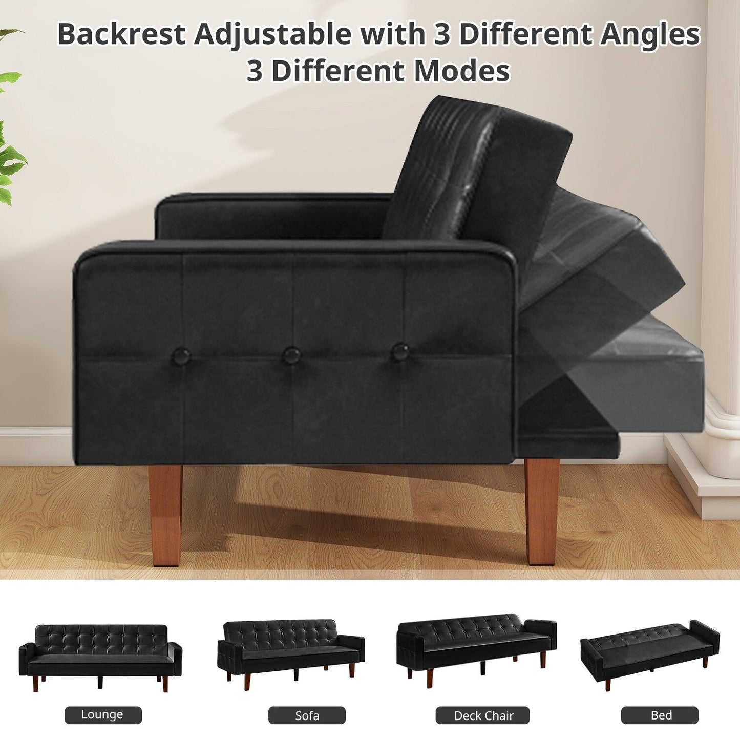 Mid-Century 74” in PU Leather Futon Sofa Bed, Button Tufted Sofa 3-Seat for Living Room Bedroom