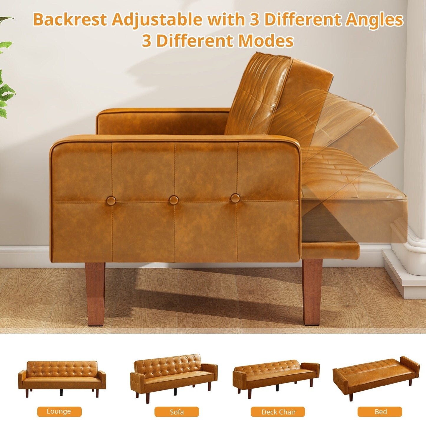 Mid-Century 74” in PU Leather Futon Sofa Bed, Button Tufted Sofa 3-Seat for Living Room Bedroom