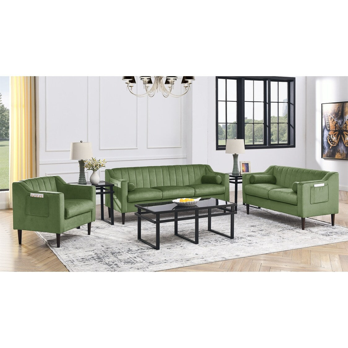Mid Century Modern 55 Velvet Loveseat Chesterfield Upholstered Sofa with Wooden Frame and Pillows for Living Room