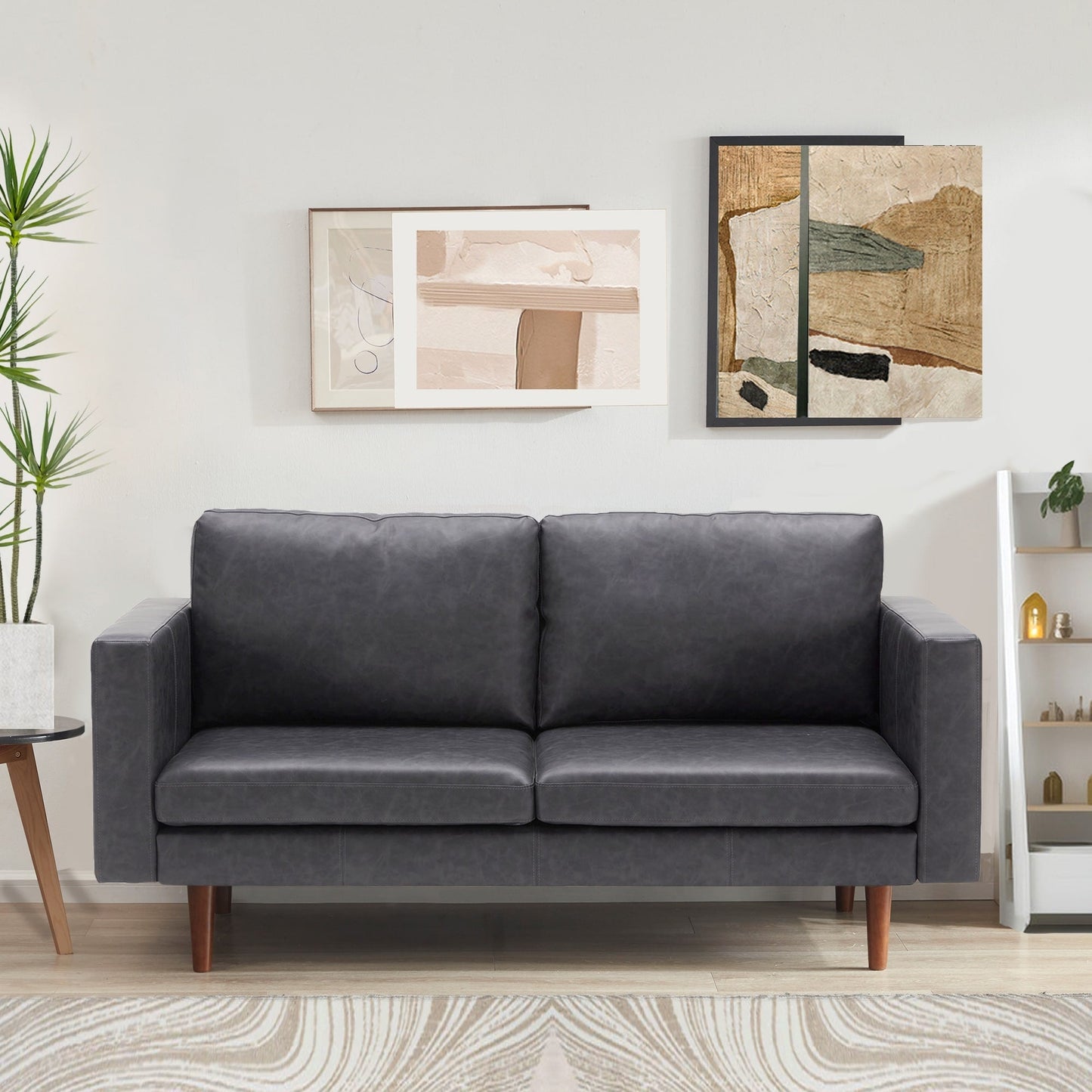 Mid Century Modern 65 Faux leather Loveseat Sofas Solid Wooden Frame and Padded Cushion for Living Room