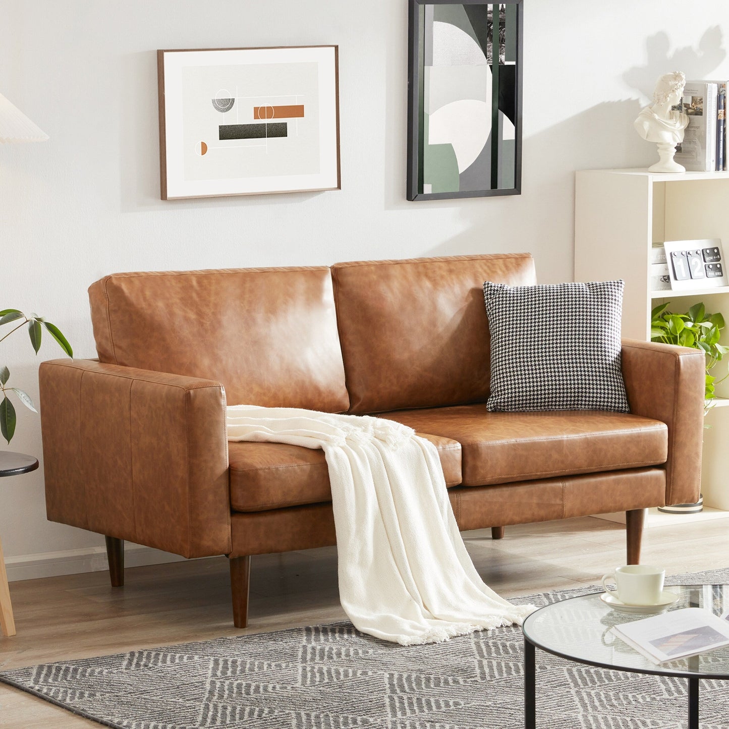 Mid Century Modern 65 Faux leather Loveseat Sofas Solid Wooden Frame and Padded Cushion for Living Room