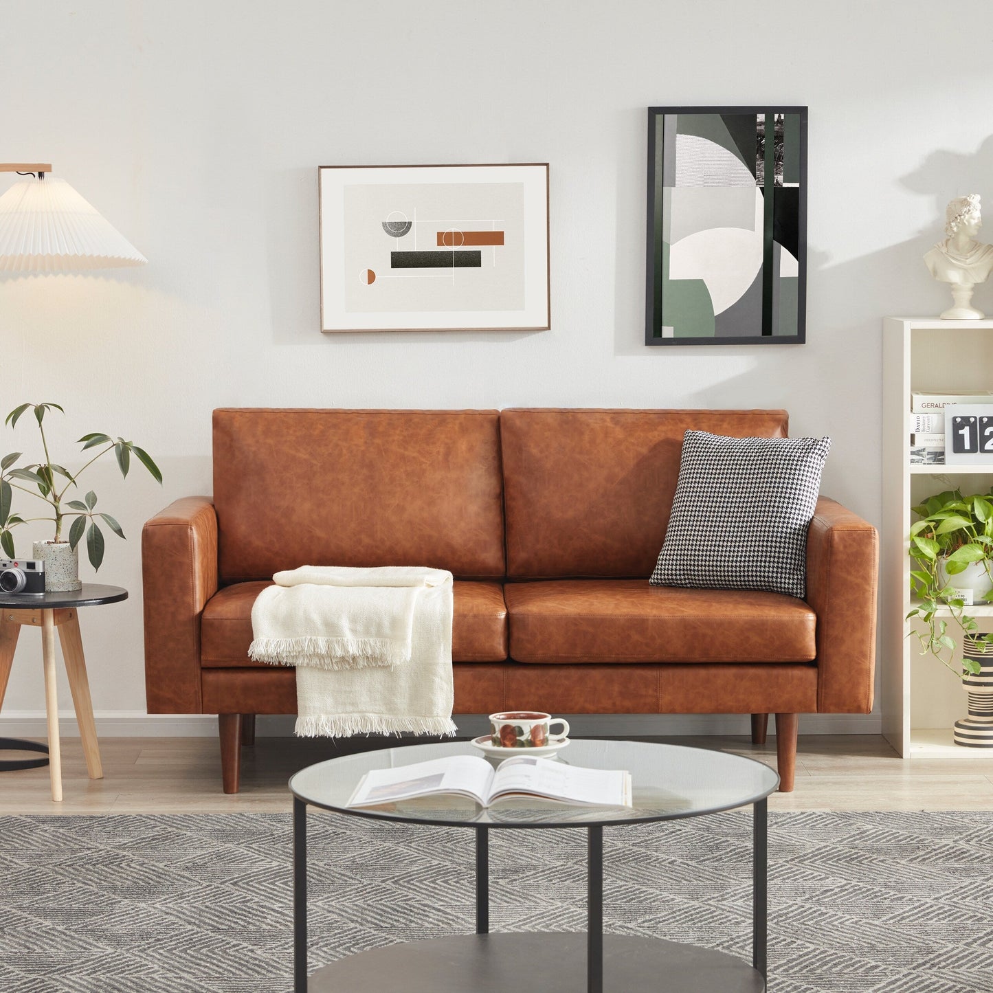 Mid Century Modern 65 Faux leather Loveseat Sofas Solid Wooden Frame and Padded Cushion for Living Room