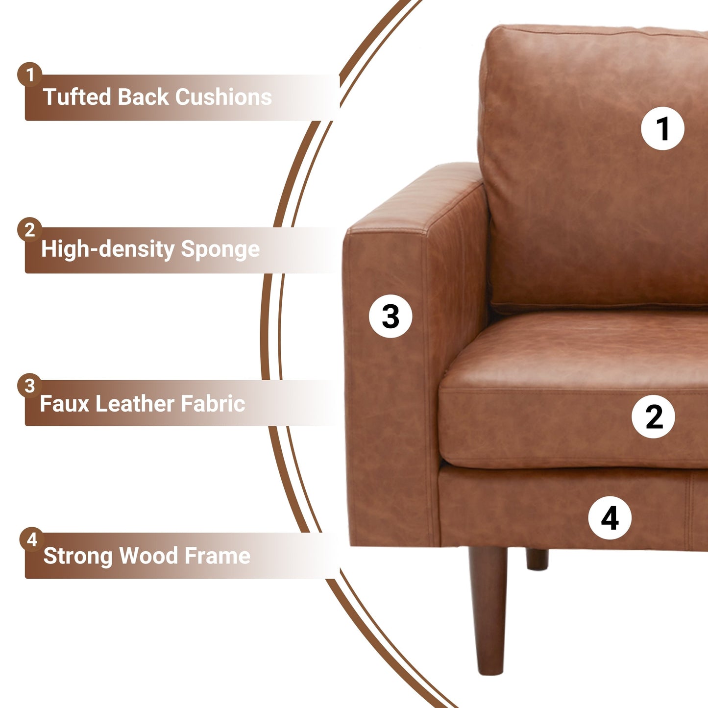 Mid Century Modern 65 Faux leather Loveseat Sofas Solid Wooden Frame and Padded Cushion for Living Room