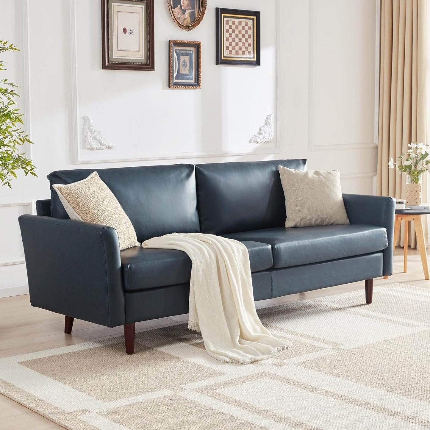 Mid-Century Modern 80 Faux Leather 3-seater Sofa with Wood Legs and Padded Cushionsfor Living Room