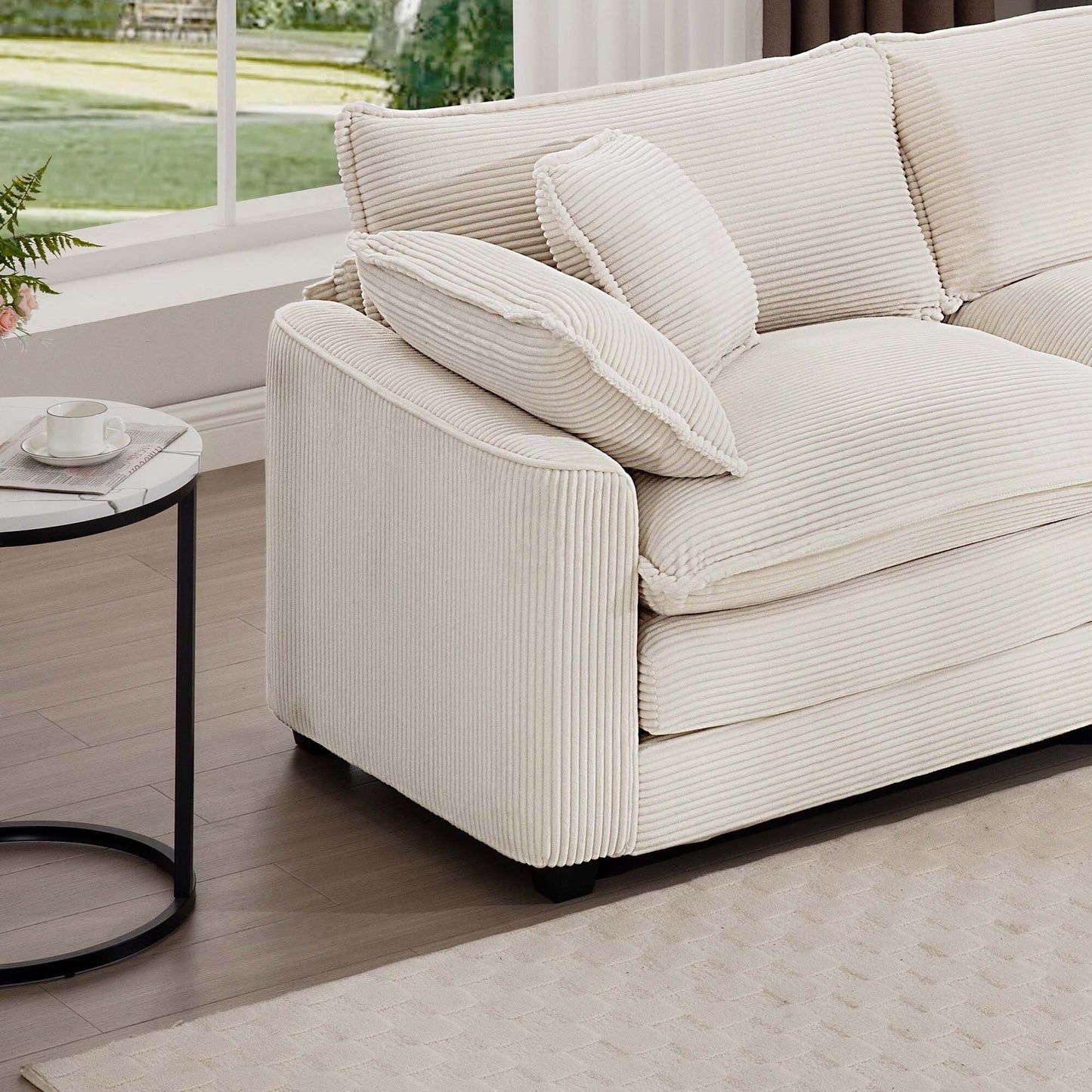 Mid-Century Modern Corduroy 3-Seater Modular Sectional Sofa with 2 Arm Pillows and 3 Throw Pillows for Living Room