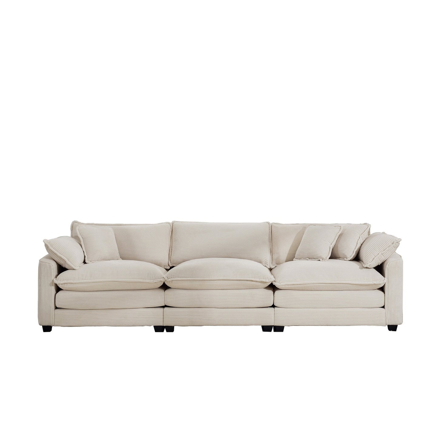 Mid-Century Modern Corduroy 3-Seater Modular Sectional Sofa with 2 Arm Pillows and 3 Throw Pillows for Living Room
