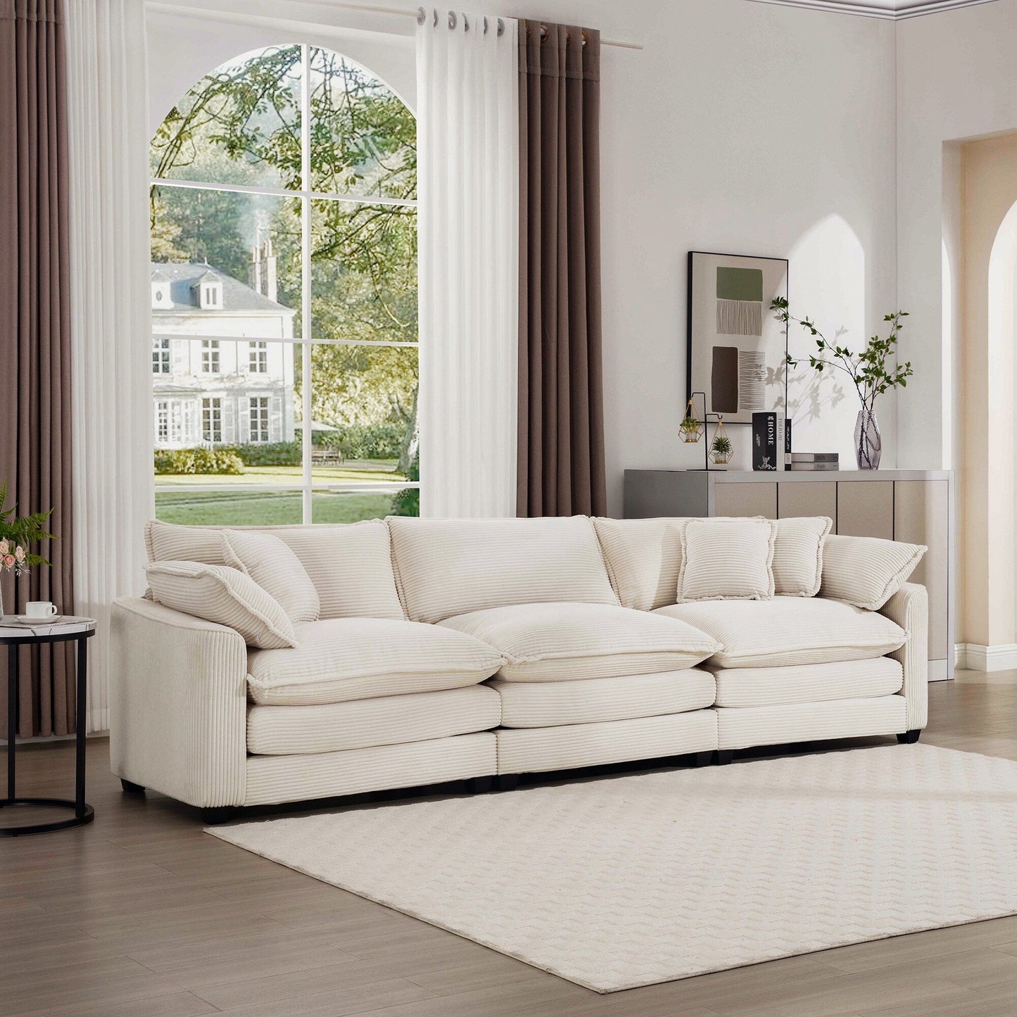 Mid-Century Modern Corduroy 3-Seater Modular Sectional Sofa with 2 Arm Pillows and 3 Throw Pillows for Living Room