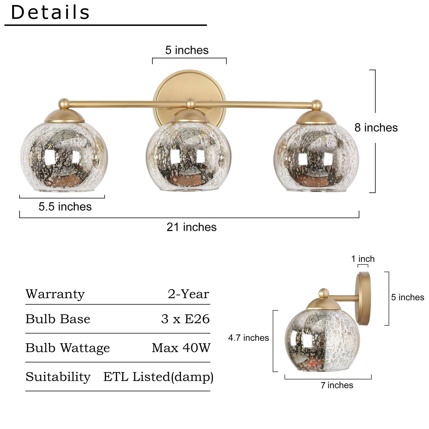 Moderne Badezimmer-Waschtischleuchte im Glamour-Gold-Stil aus der Mitte des Jahrhunderts, 3-flammige Wandleuchte mit Quecksilberglas – 21 L x 7 B x 8 H