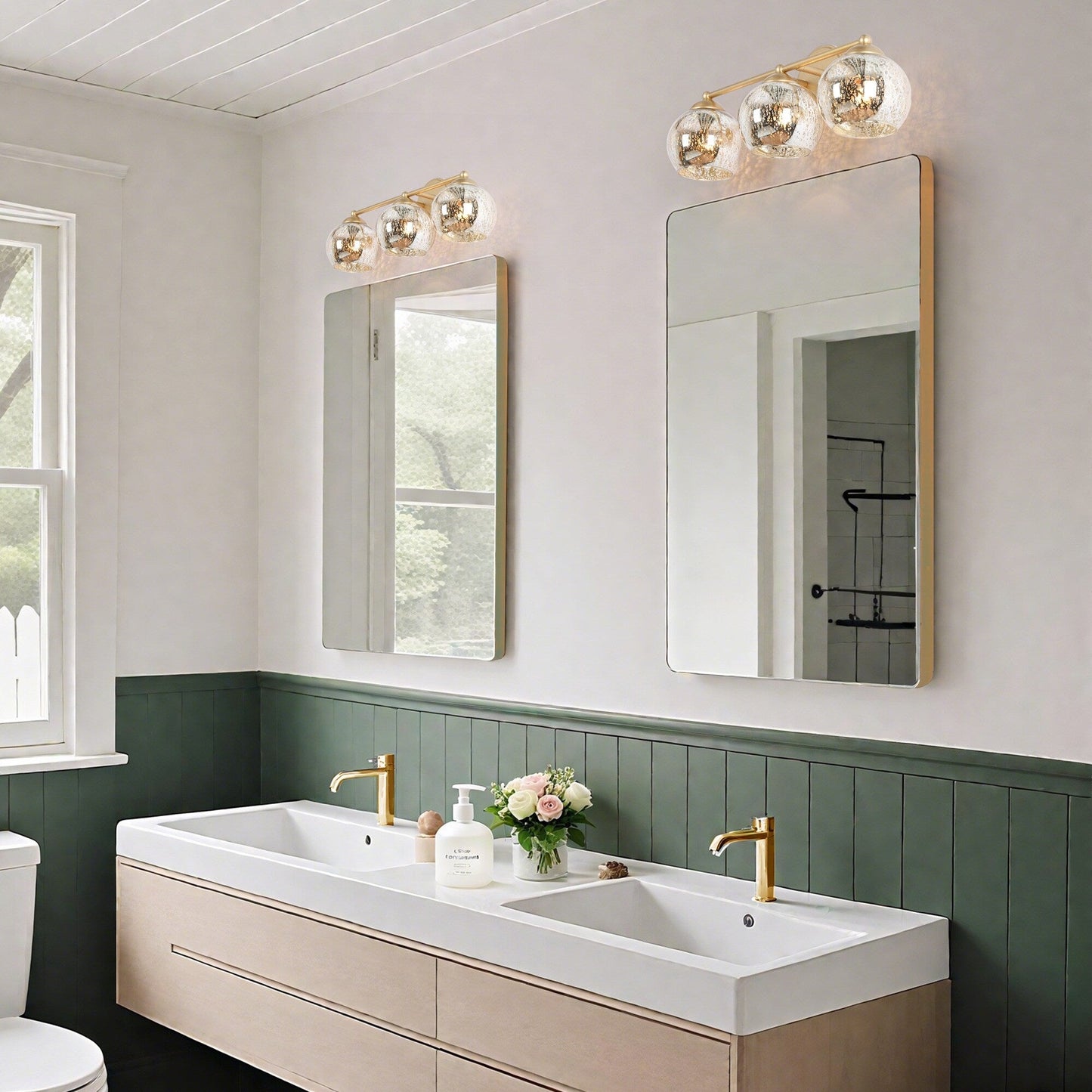 Moderne Badezimmer-Waschtischleuchte im Glamour-Gold-Stil aus der Mitte des Jahrhunderts, 3-flammige Wandleuchte mit Quecksilberglas – 21 L x 7 B x 8 H