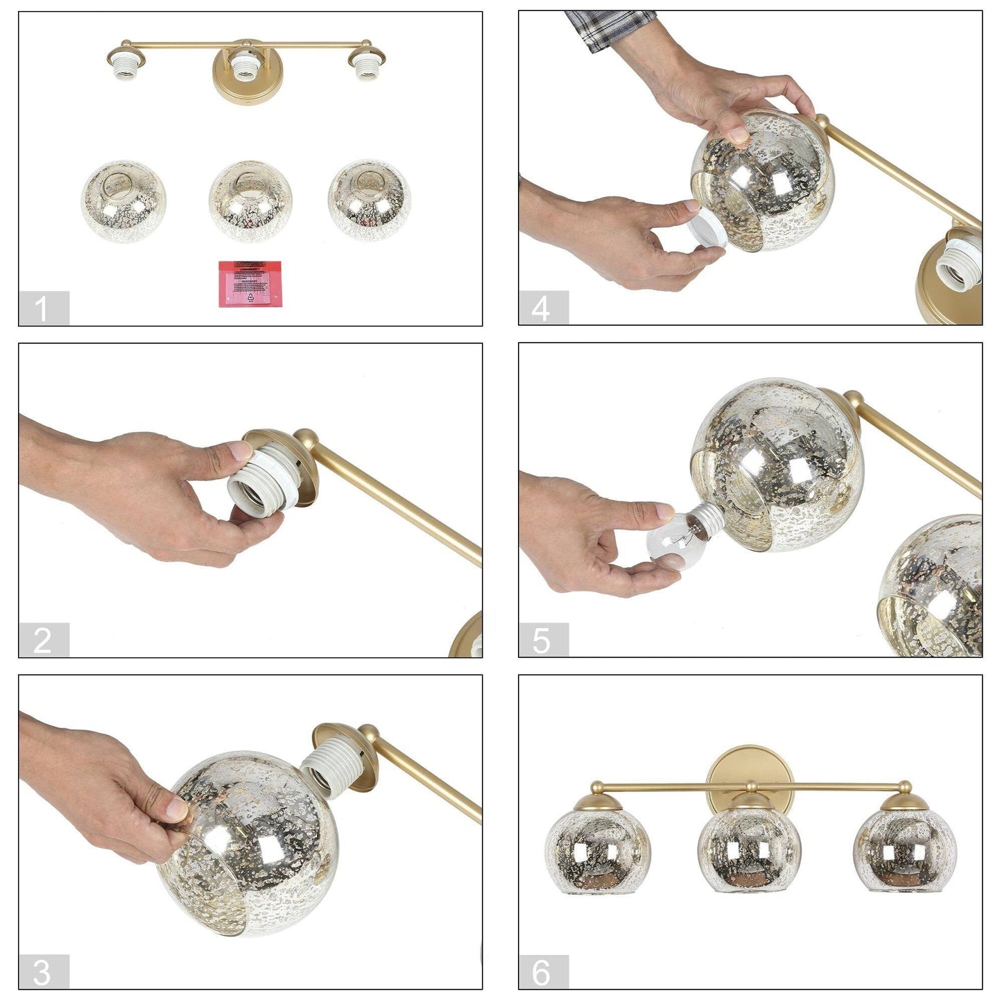 Moderne Badezimmer-Waschtischleuchte im Glamour-Gold-Stil aus der Mitte des Jahrhunderts, 3-flammige Wandleuchte mit Quecksilberglas – 21 L x 7 B x 8 H