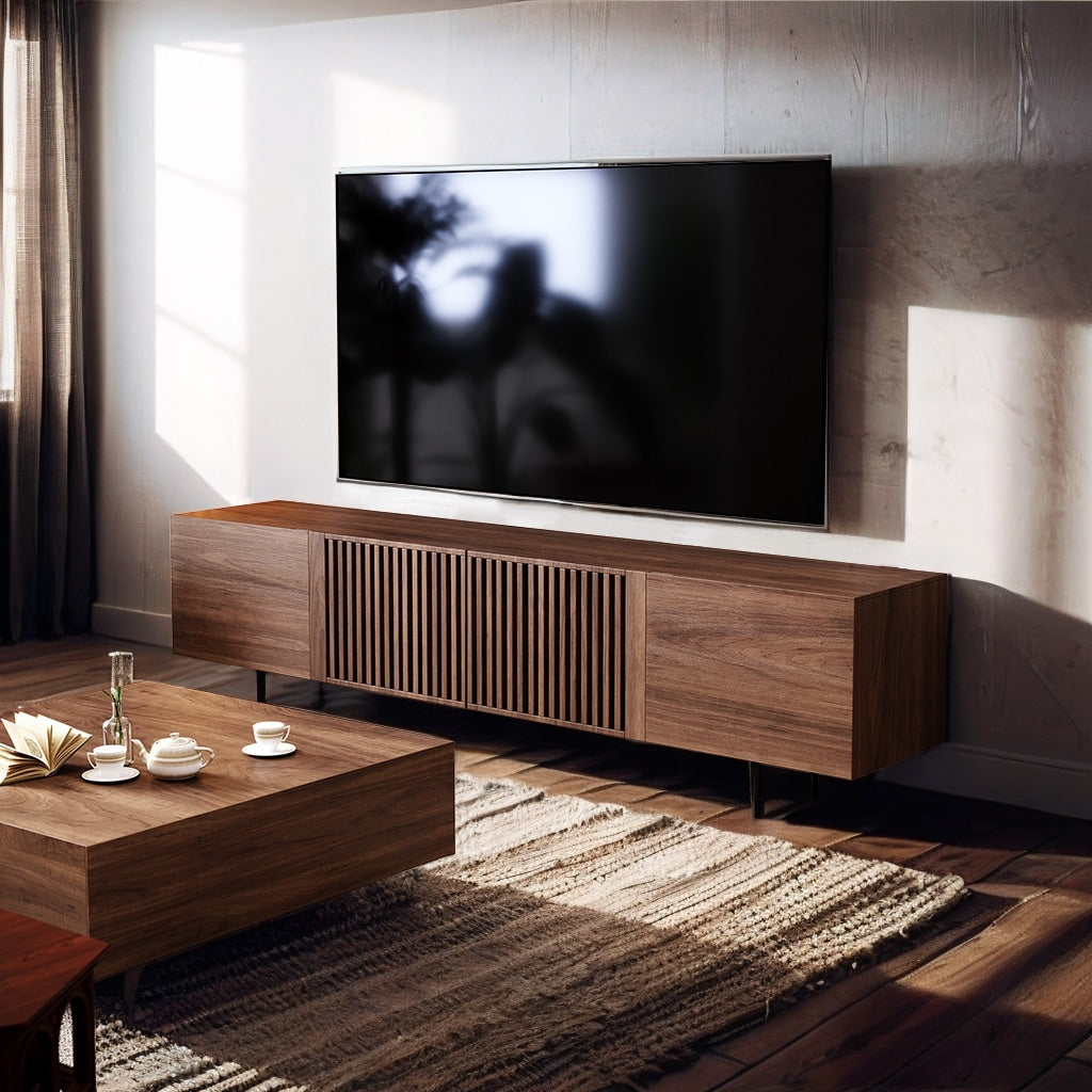 Mid-Century Modern TV-Ständer mit 4 Türen, Aufbewahrungsschränke, passend für Fernseher bis zu 100 Zoll, Entertainment-Center für das Wohnzimmer