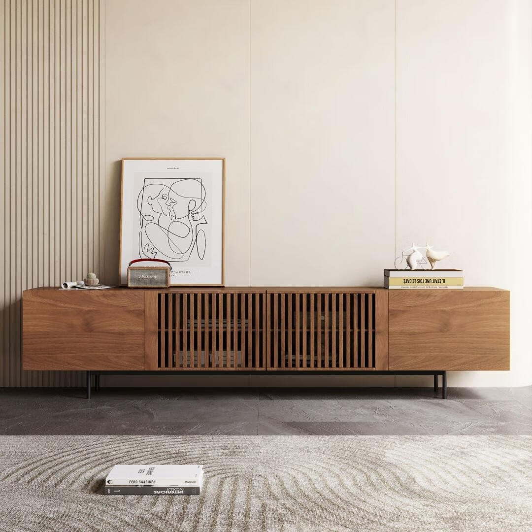 Mid-Century Modern TV-Ständer mit 4 Türen, Aufbewahrungsschränke, passend für Fernseher bis zu 100 Zoll, Entertainment-Center für das Wohnzimmer