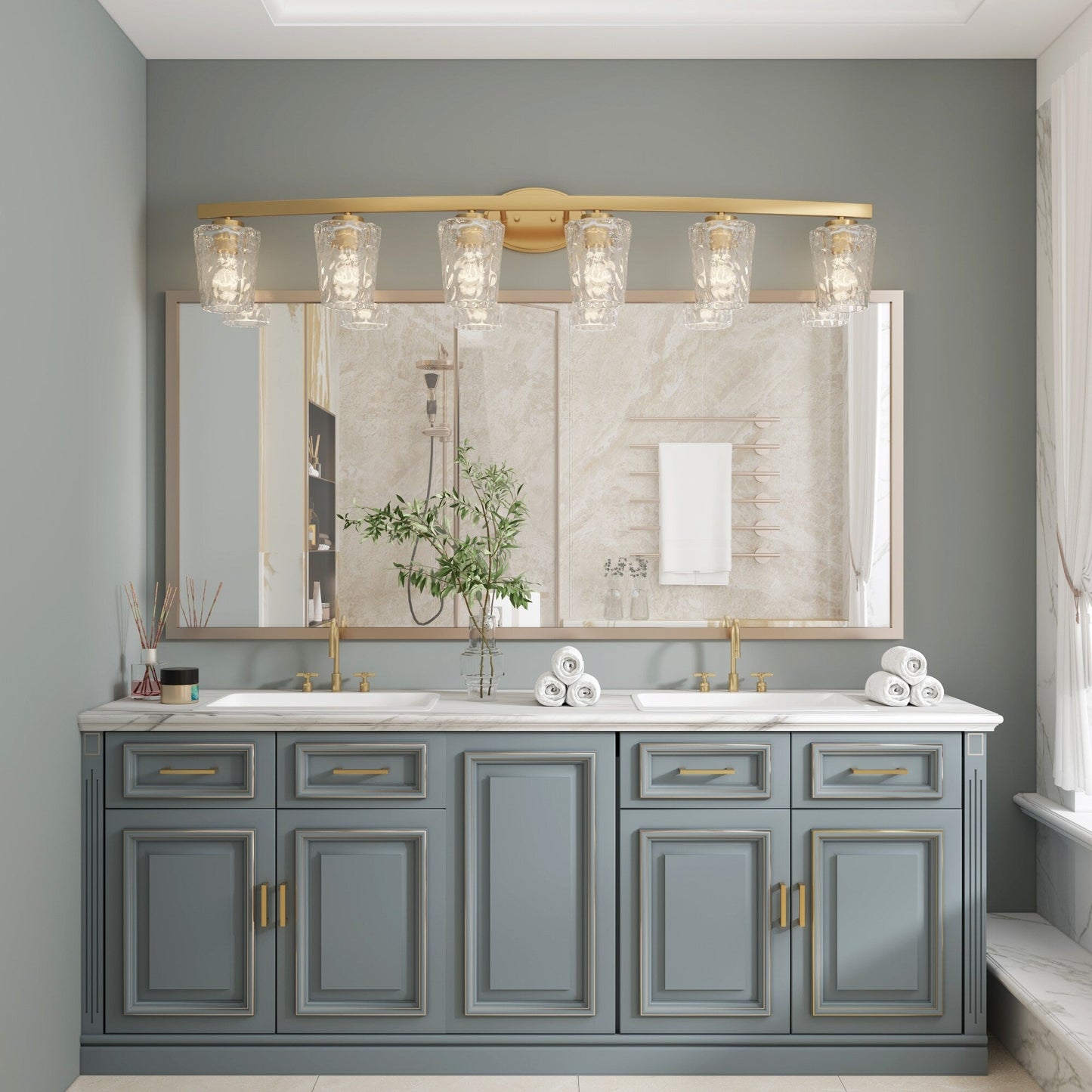 Modernes, dimmbares Badezimmer-Waschtischlicht mit 6 Lichtern und Kunstglas im Mid-Century-Stil – 51 Zoll