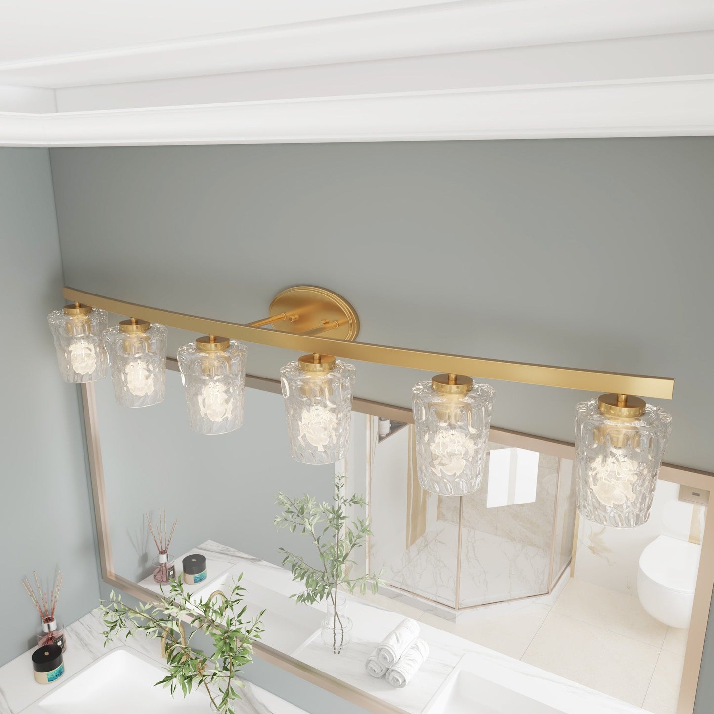 Modernes, dimmbares Badezimmer-Waschtischlicht mit 6 Lichtern und Kunstglas im Mid-Century-Stil – 51 Zoll