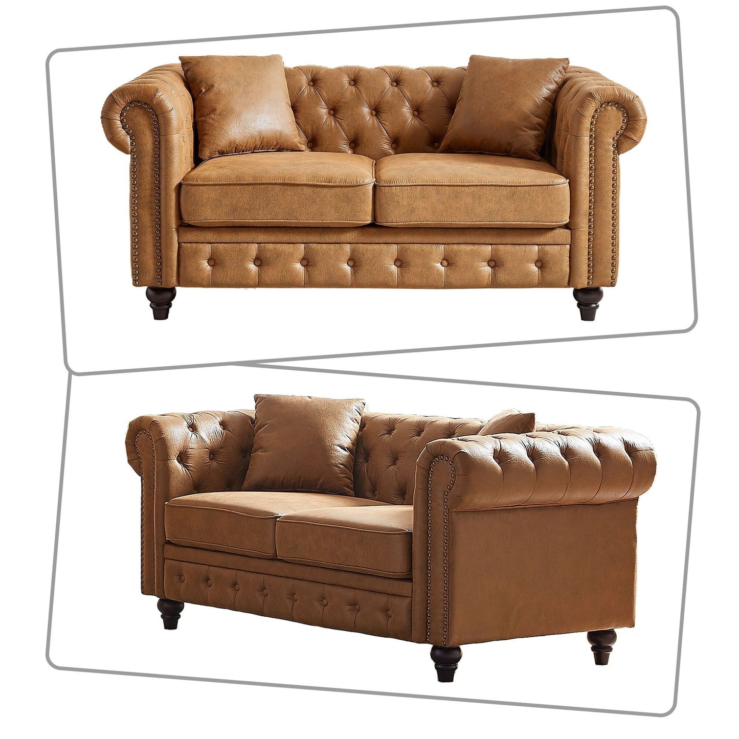 Mid-century vintage style standard tufted upholstered sofa with nailhead trim and wooden legs for living room malls