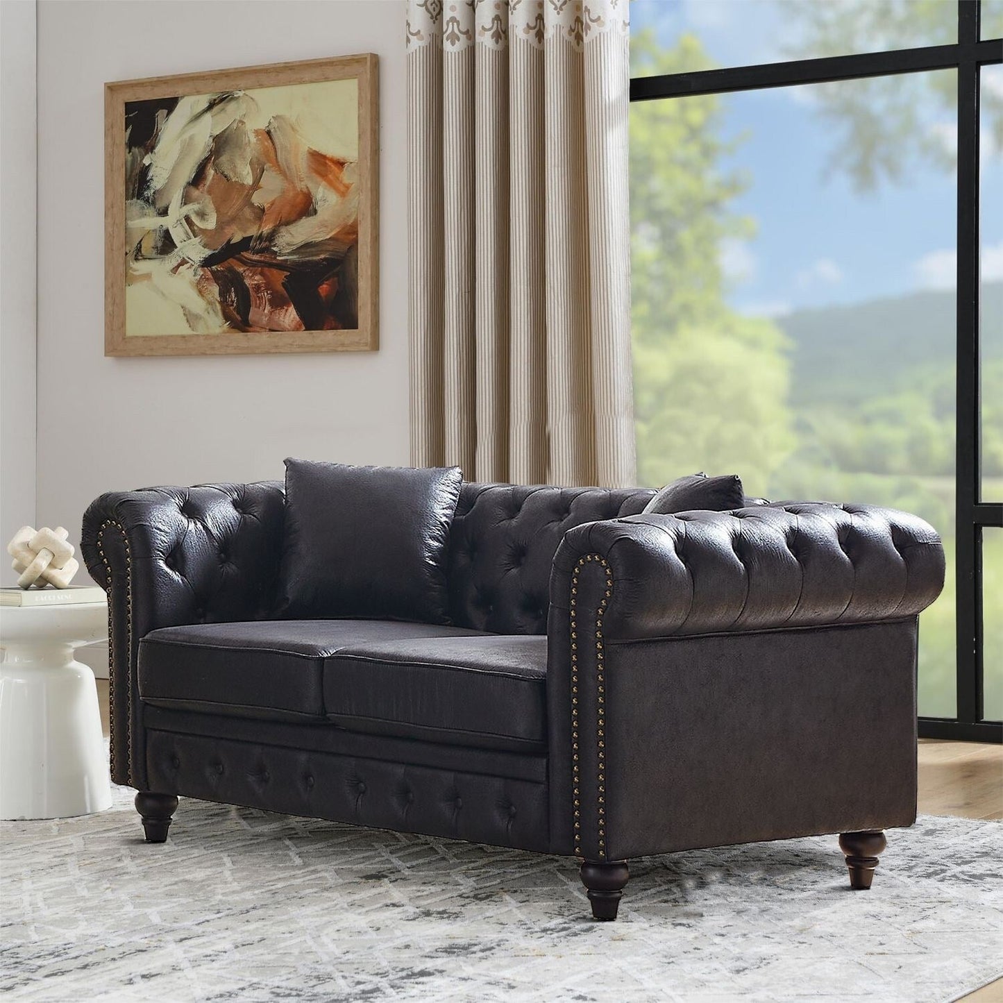 Mid-century vintage style standard tufted upholstered sofa with nailhead trim and wooden legs for living room malls
