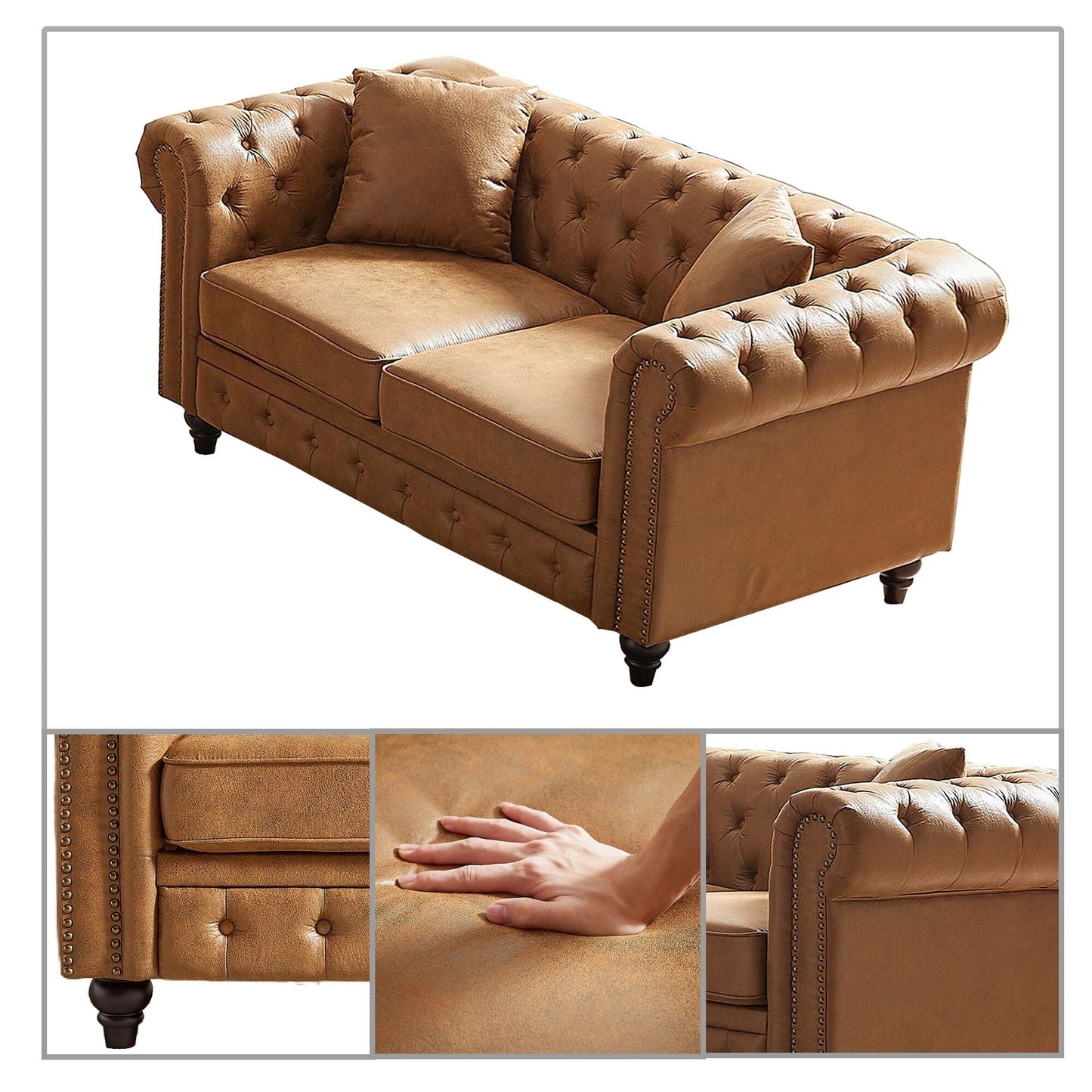 Mid-century vintage style standard tufted upholstered sofa with nailhead trim and wooden legs for living room malls