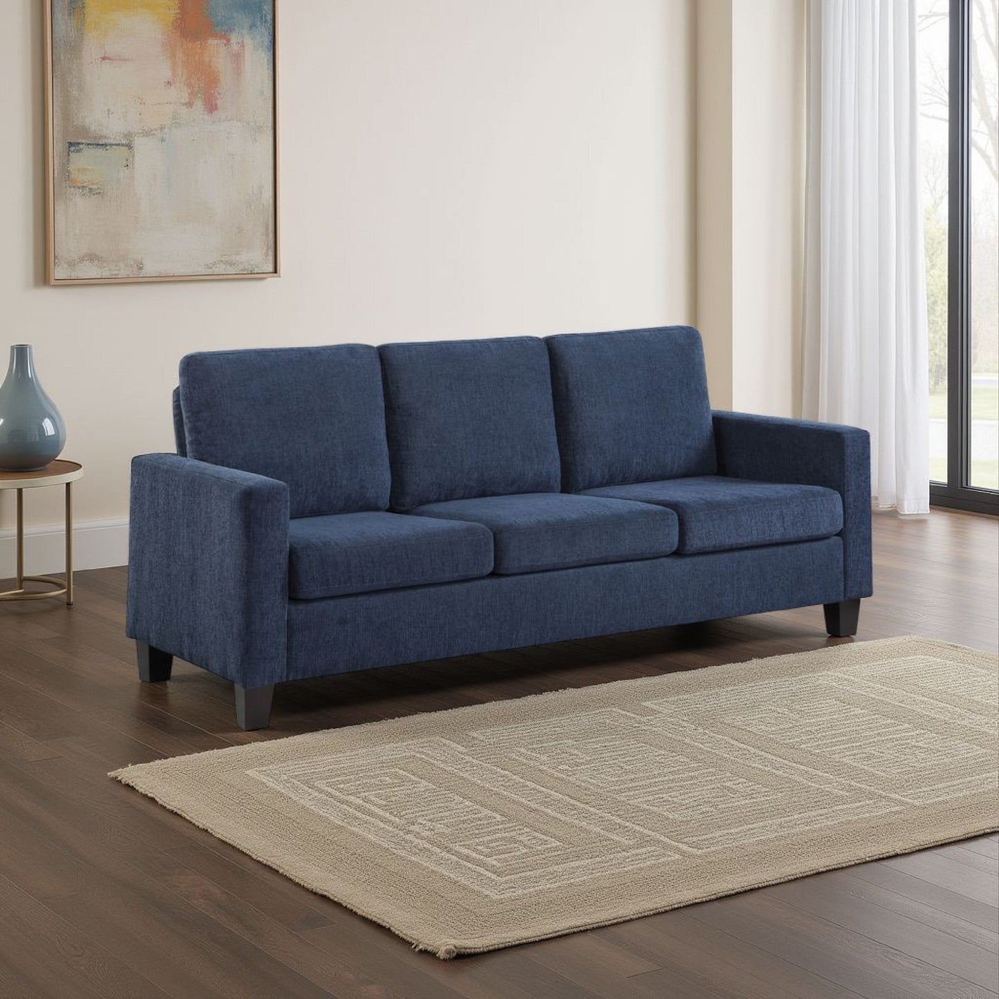 Mihi Sofa, Blue Chenille, 76 Inch, Black Tapered Wood Legs