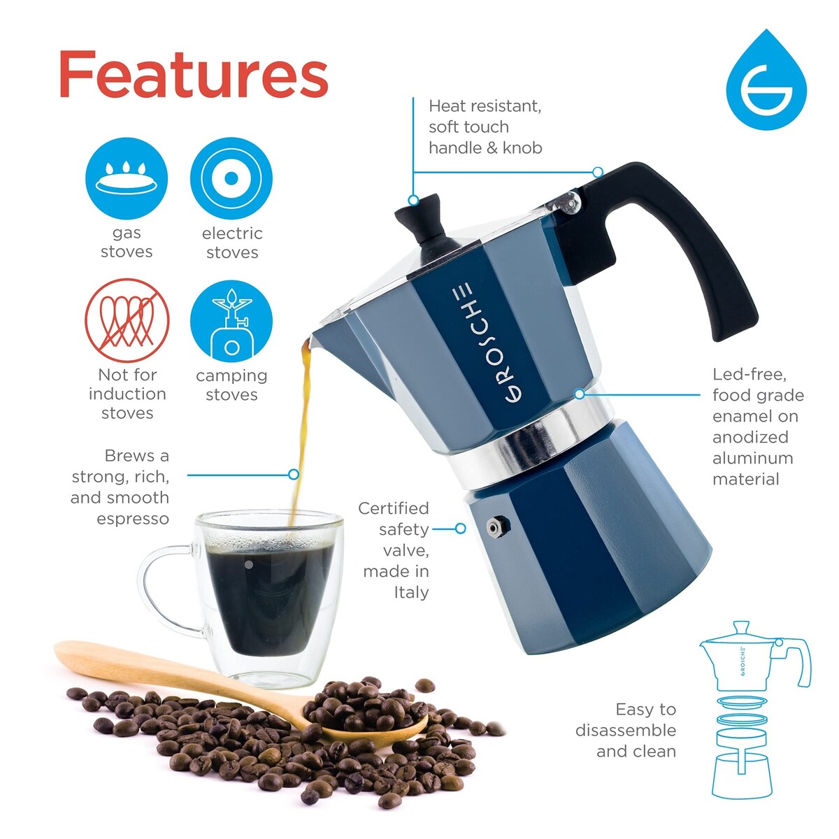 Milano Moka-Kanne, Espressokocher für den Herd, Greca-Kaffeemaschine, Kaffeemaschine und Espressokocher für den Herd (Grau, 9 Tassen)