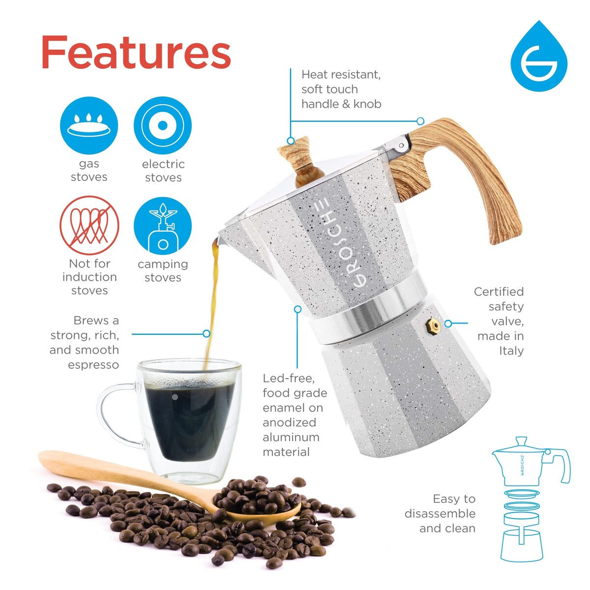 Milano Moka-Kanne, Espressokocher für den Herd, Greca-Kaffeemaschine, Kaffeemaschine und Espressokocher für den Herd (Grau, 9 Tassen)