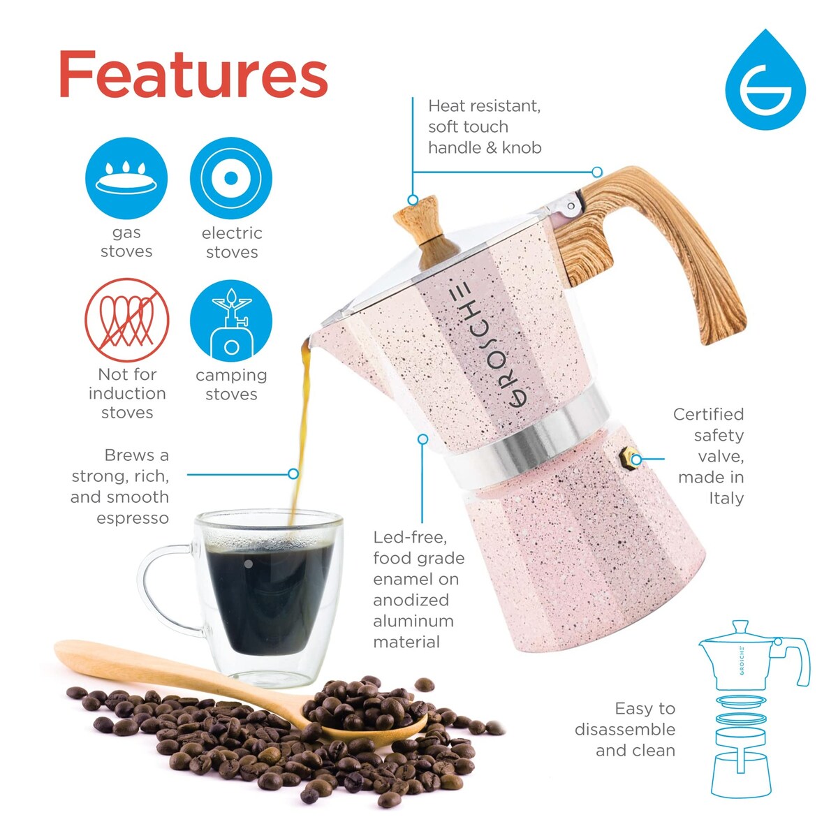 Milano Moka-Kanne, Espressokocher für den Herd, Greca-Kaffeemaschine, Kaffeemaschine und Espressokocher für den Herd (Grau, 9 Tassen)