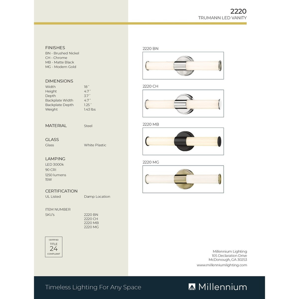 Millennium Lighting Truman LED-Badezimmer-Waschtischleuchte in mehreren Ausführungen