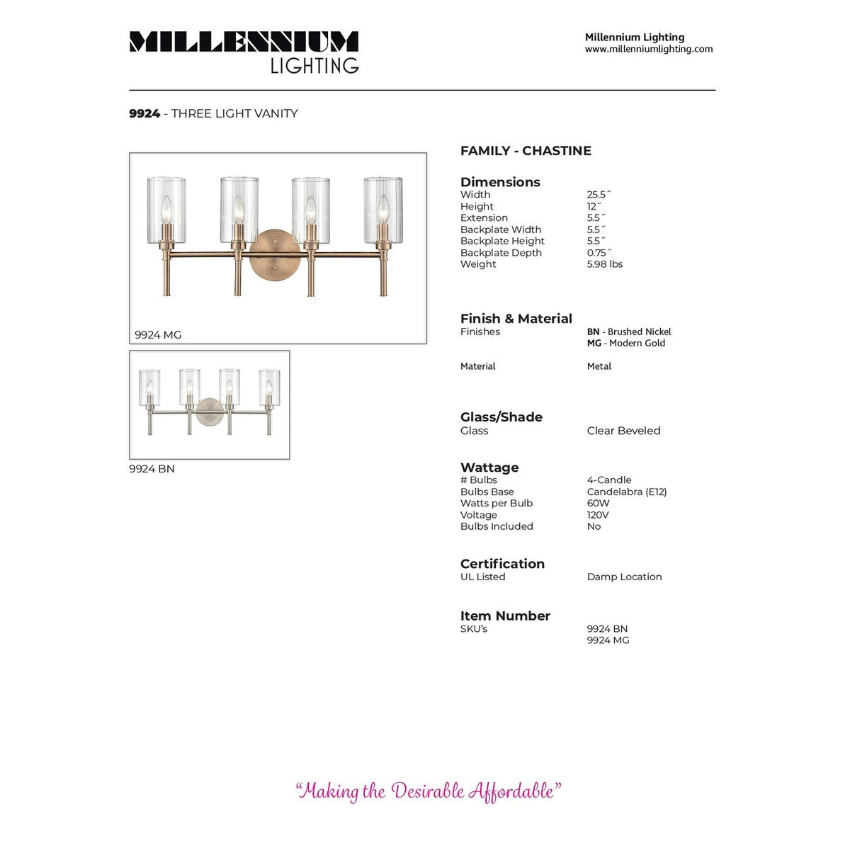 Millennium Lighting Chastine Badezimmer-Waschtischleuchte mit klaren, abgeschrägten Glasschirmen