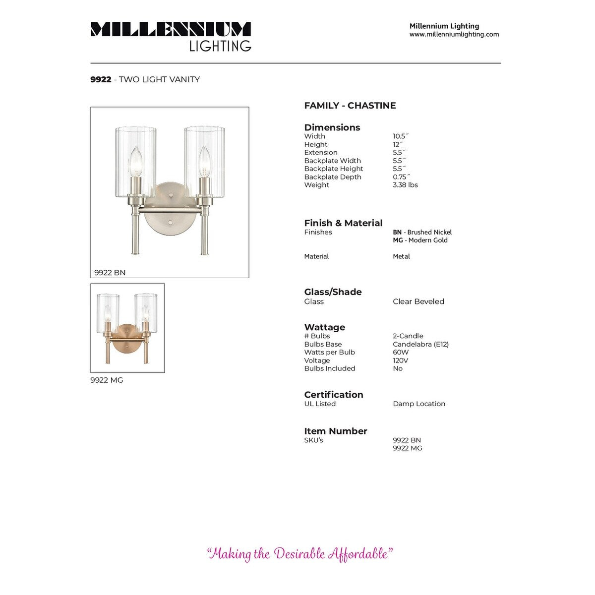 Millennium Lighting Chastine Badezimmer-Waschtischleuchte mit klaren, abgeschrägten Glasschirmen