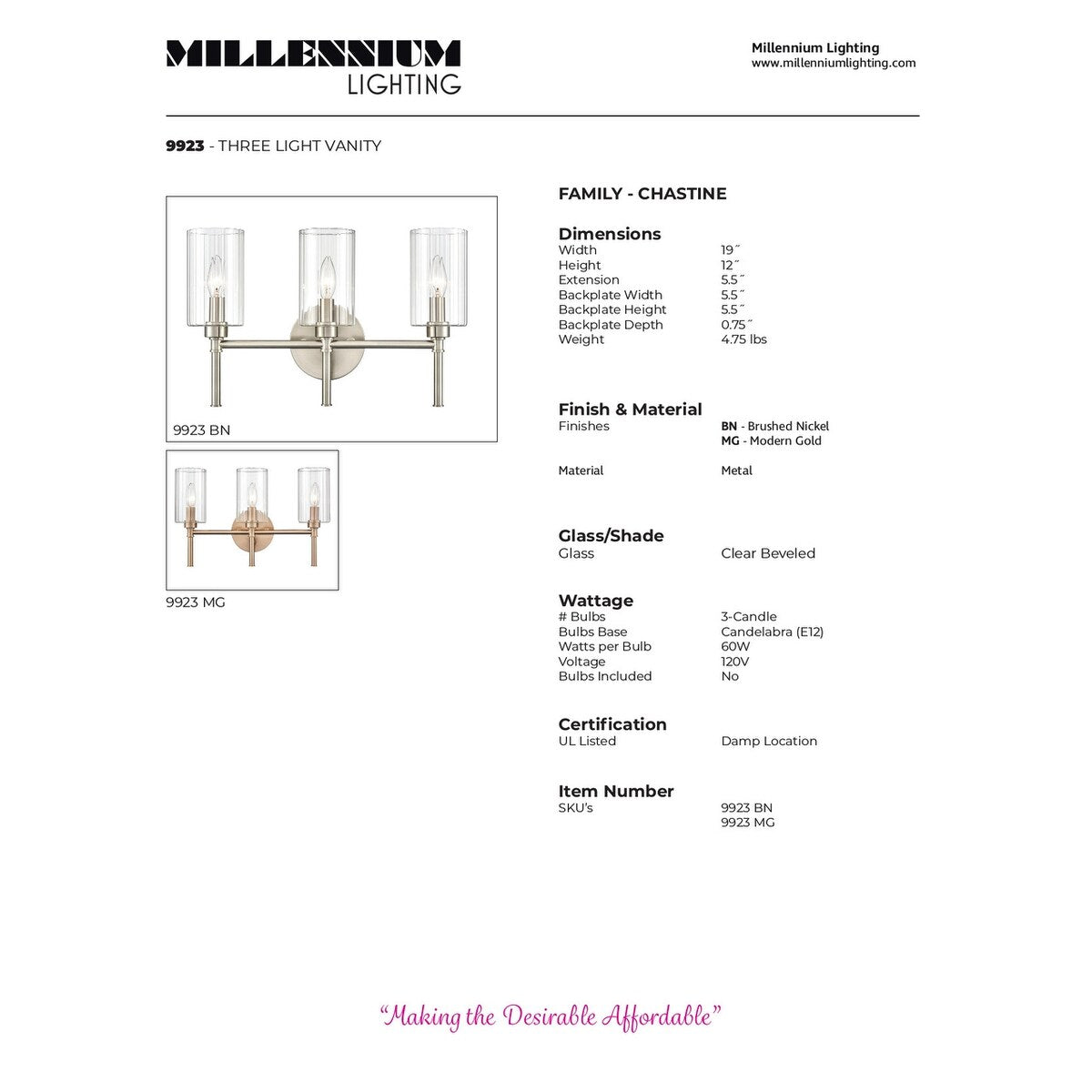 Millennium Lighting Chastine Badezimmer-Waschtischleuchte mit klaren, abgeschrägten Glasschirmen