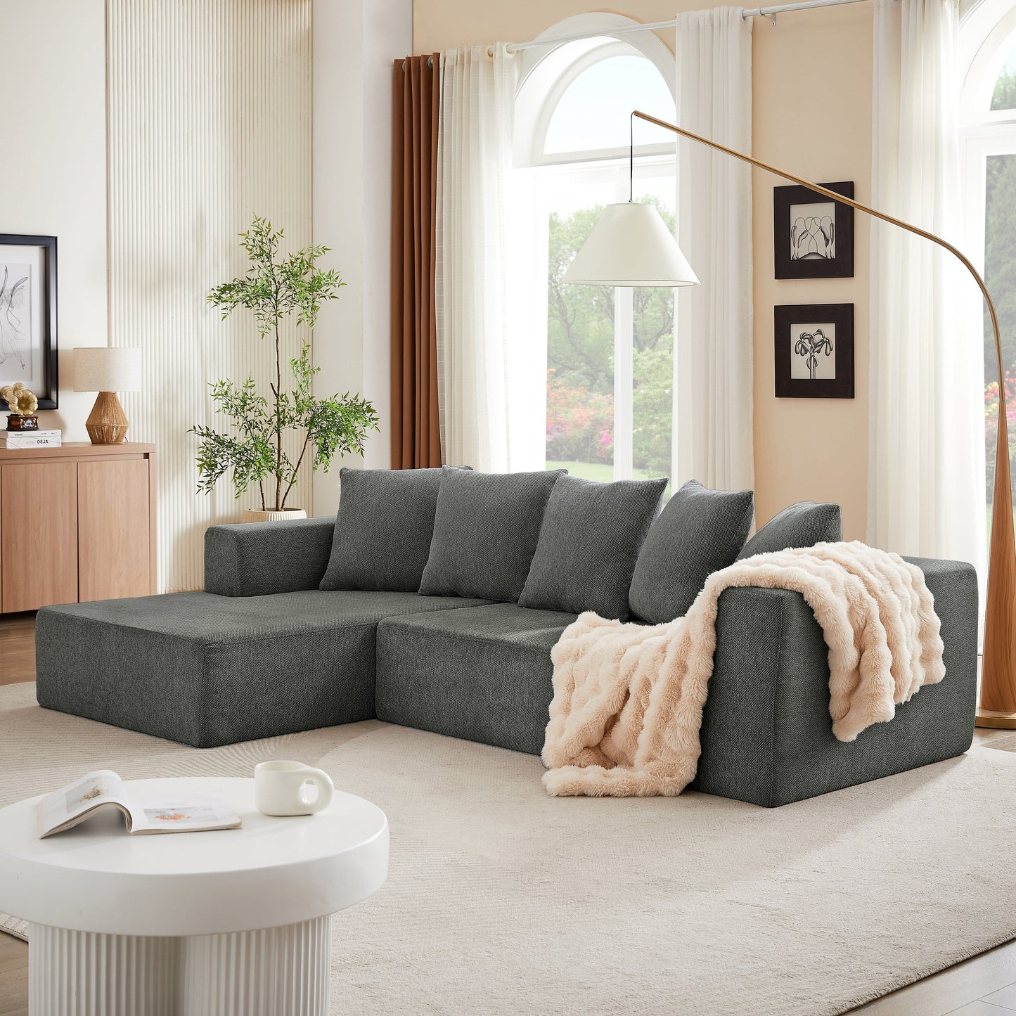 Minimalist Chenille L-Shaped Modular Sectional Sofa Set Fabric Cloud Couch for Living Room