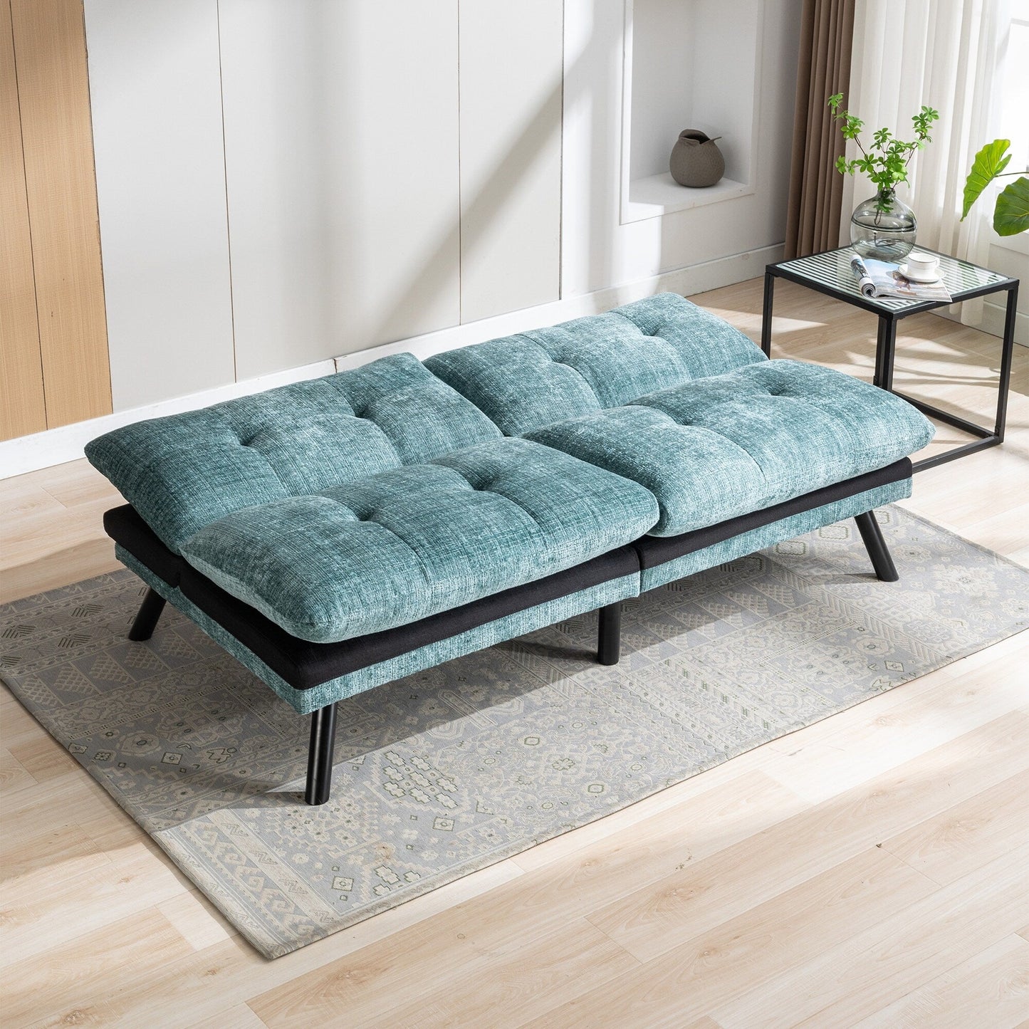 Mintgrünes 75,6 Chenille-Schlafsofa, umwandelbar, für zwei Personen, Futon-Sofa mit Metallbeinen für das Wohnzimmer