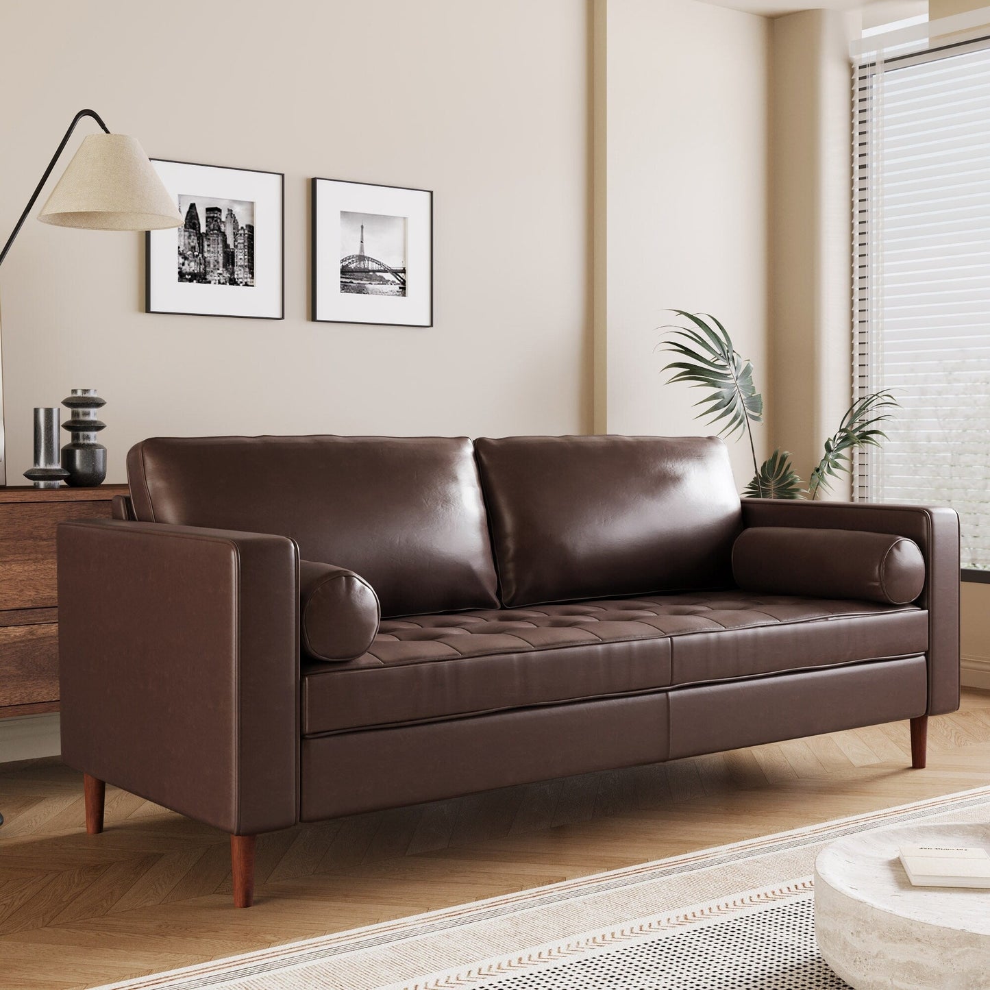 Mirod Mid-Century Modern PU Leather 3-Seat Sofa, Tufted Design, Solid Wood Legs, 2 Bolster Pillows