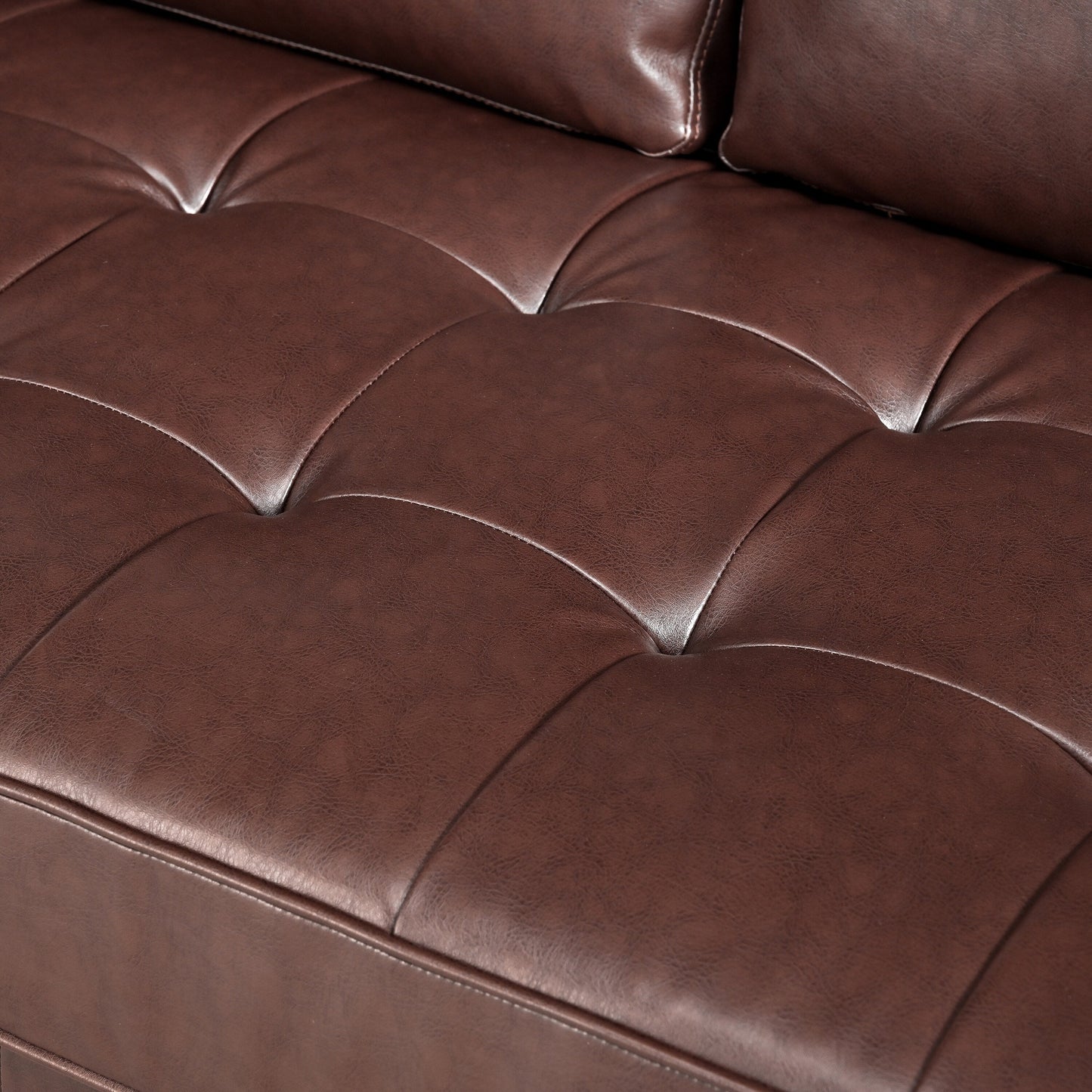 Mirod Mid-Century Modern PU Leather 3-Seat Sofa, Tufted Design, Solid Wood Legs, 2 Bolster Pillows
