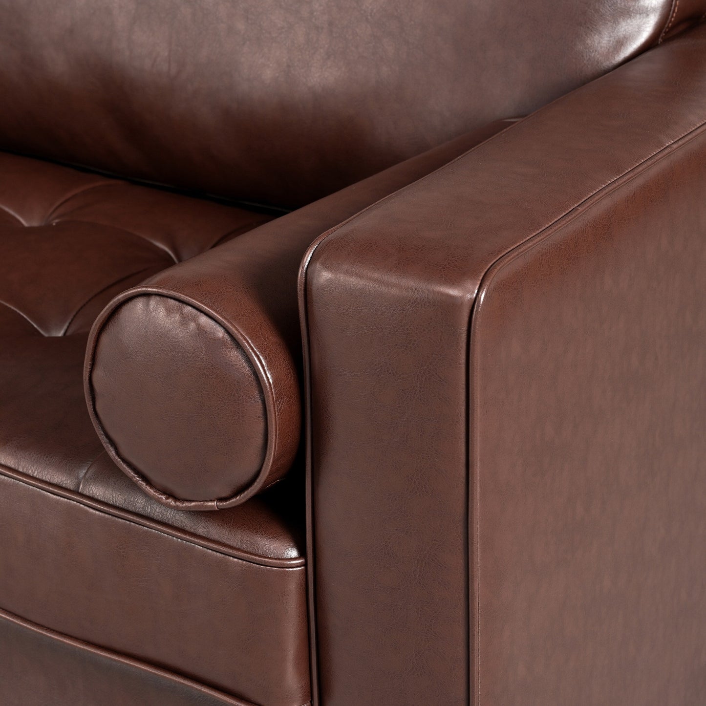 Mirod Mid-Century Modern PU Leather 3-Seat Sofa, Tufted Design, Solid Wood Legs, 2 Bolster Pillows