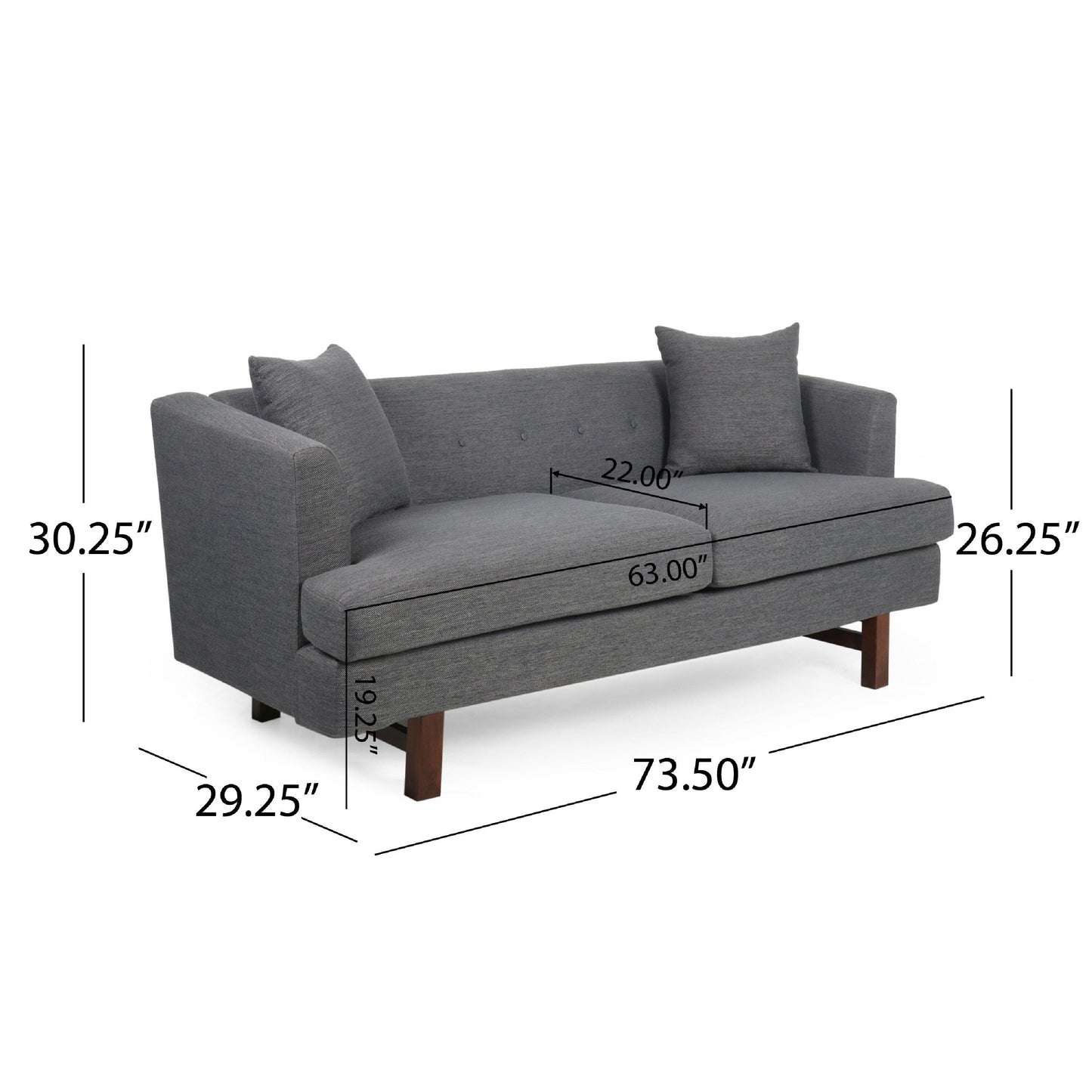 Miry 3 Seater Sofa with 2 Throw Pillows, Charcoal Gray Faux Leather