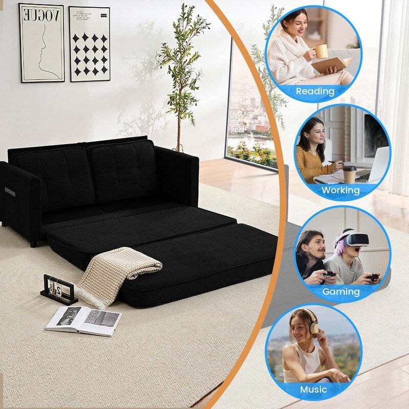 Mixoy 3-in-1 Convertible Futon Sofa Bed, Foldable Tufted Loveseat Sleeper Sofa with Side Pockets