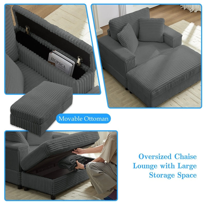 Mixoy 42ââCorduroy Chaise Lounge Chair with Storage Ottoman&Armrests,Upholstered Sleeper Reclining Chair