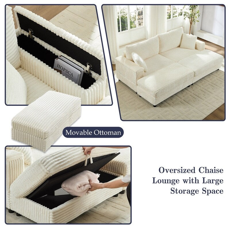 Mixoy 85ââCorduroy Loveseat Chaise Lounge with Storage Ottoman&Armrests,Upholstered 2-Seater Sleeper Reclining Chair Indoor