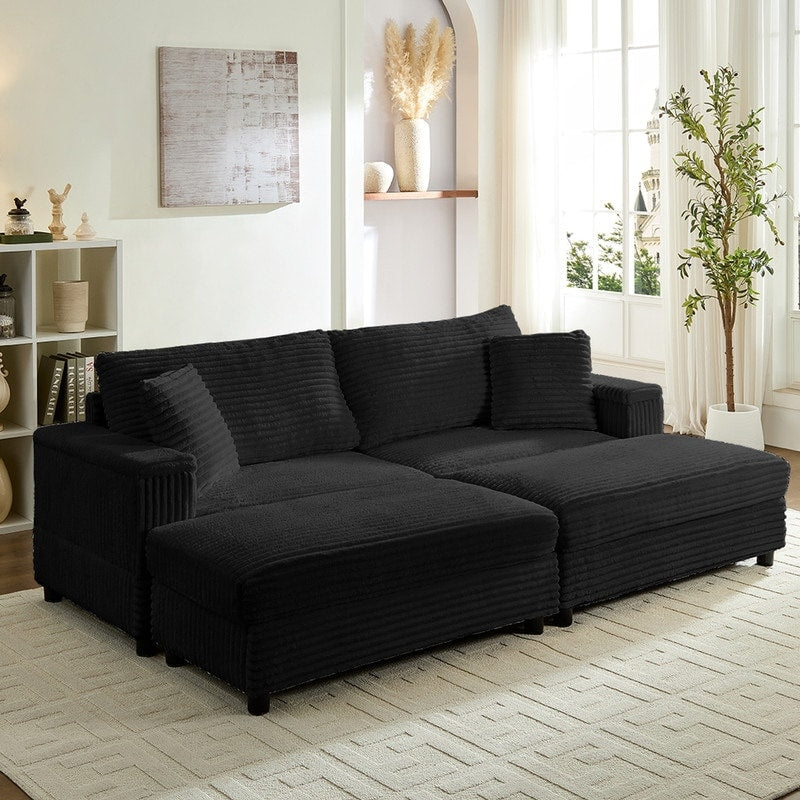 Mixoy 85ââCorduroy Loveseat Chaise Lounge with Storage Ottoman&Armrests,Upholstered 2-Seater Sleeper Reclining Chair Indoor