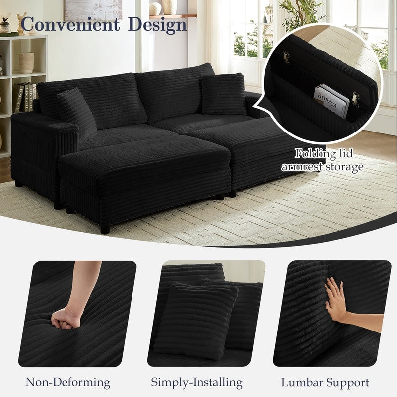 Mixoy 85ââCorduroy Loveseat Chaise Lounge with Storage Ottoman&Armrests,Upholstered 2-Seater Sleeper Reclining Chair Indoor