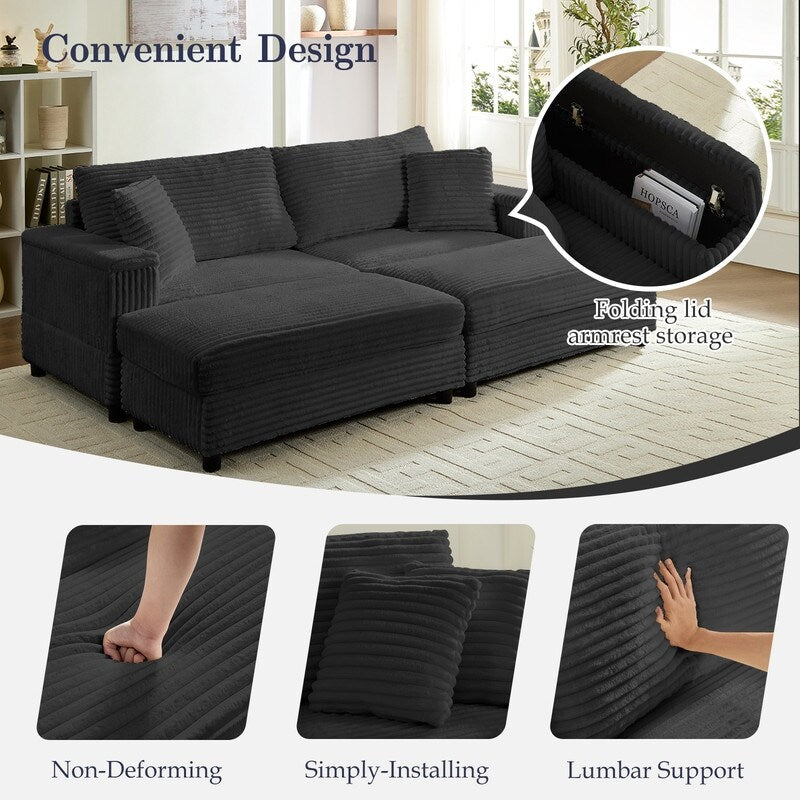 Mixoy 85ââCorduroy Loveseat Chaise Lounge with Storage Ottoman&Armrests,Upholstered 2-Seater Sleeper Reclining Chair Indoor