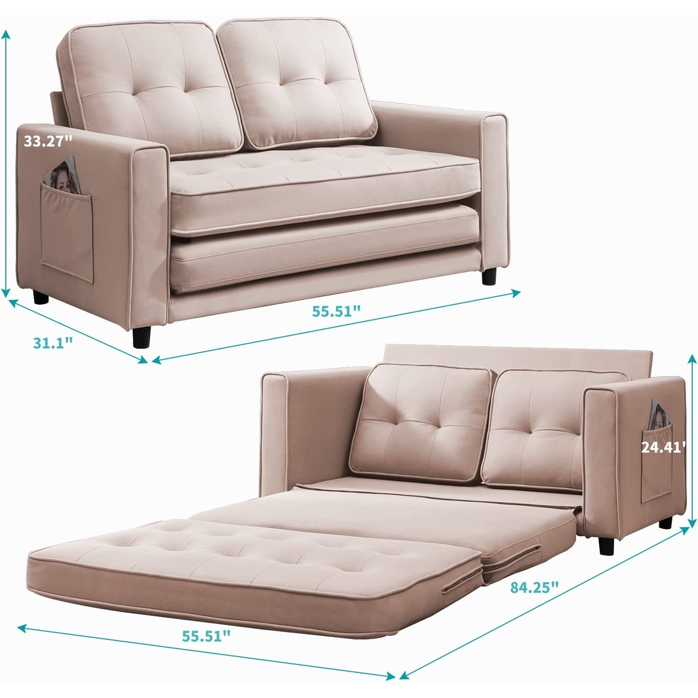Mixoy Modern Loveseat,3-in-1 Pull Out Sleeper Sofa Bed with Tri-Folding Mattress