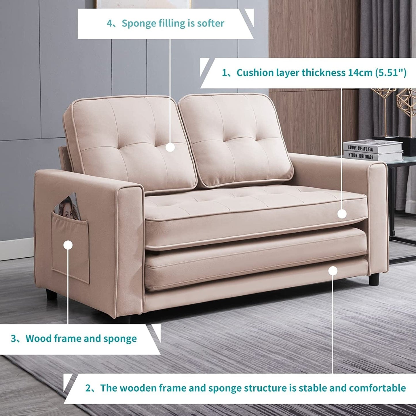 Mixoy Modern Loveseat,3-in-1 Pull Out Sleeper Sofa Bed with Tri-Folding Mattress