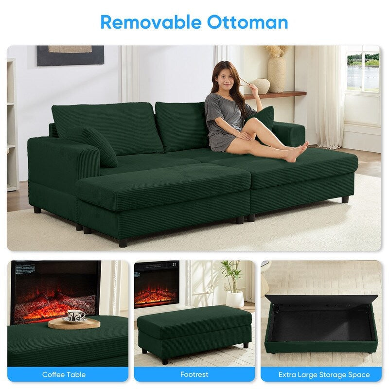 Mixoy Corduroy Comfy Chaise Lounge Deep Seat Sleeper Sofa Chair with Storage Ottoman,Upholstered 1-Seater/Loveseat Sofa Couch