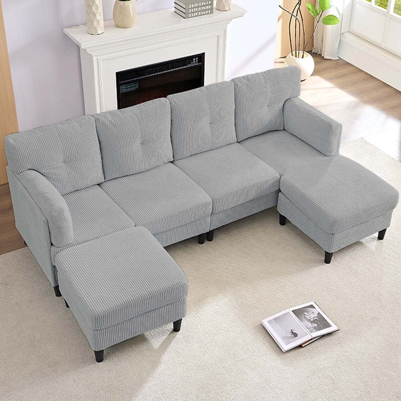 Mixoy Corduroy U-Shape Modular Convertible Sectional Sofa,Upholstered 4-Seater Sofa Couch with Movable Ottoman